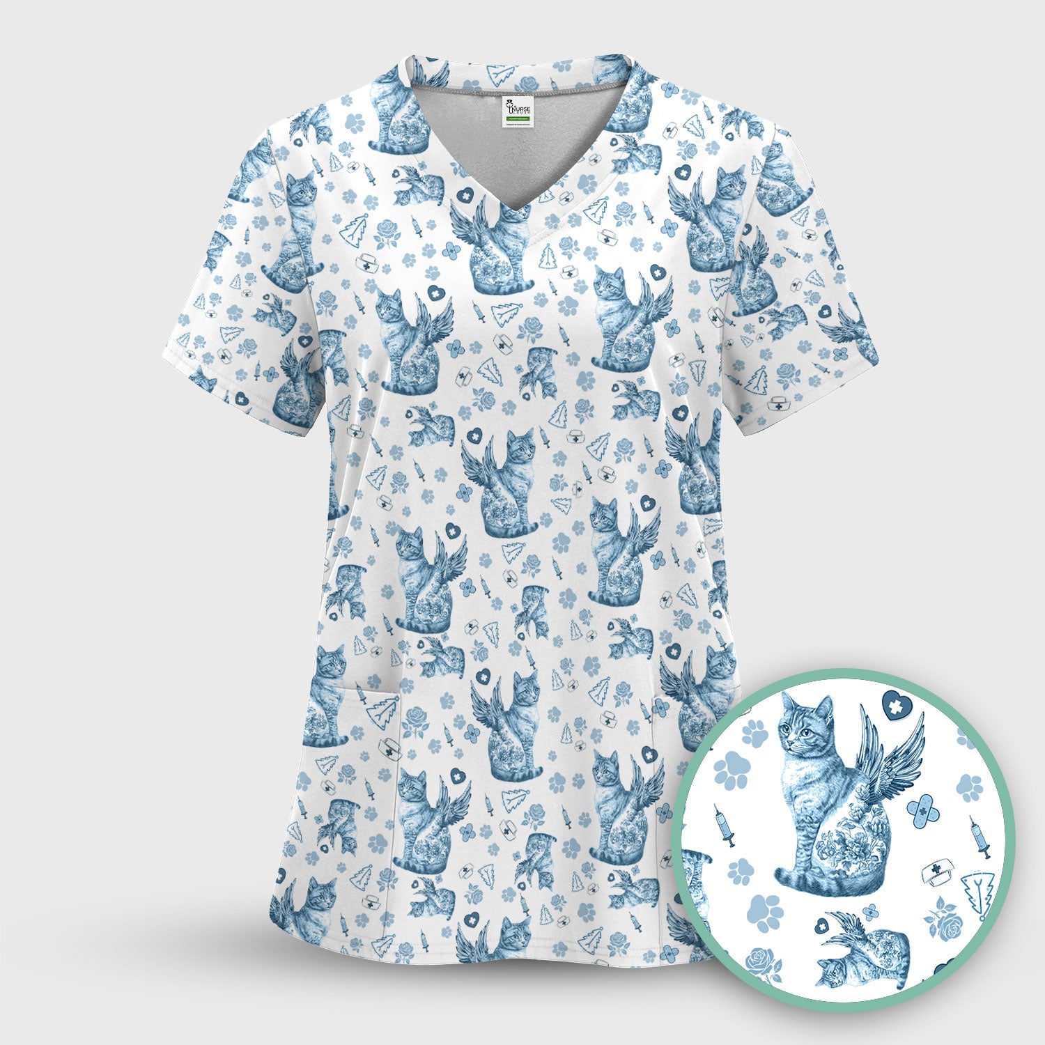 Toile de Jouy Cat Angel Scrub Top - Blue Vintage Nurse Shirt - French Style Medical Uniform for Women RN LPN CNA Gift