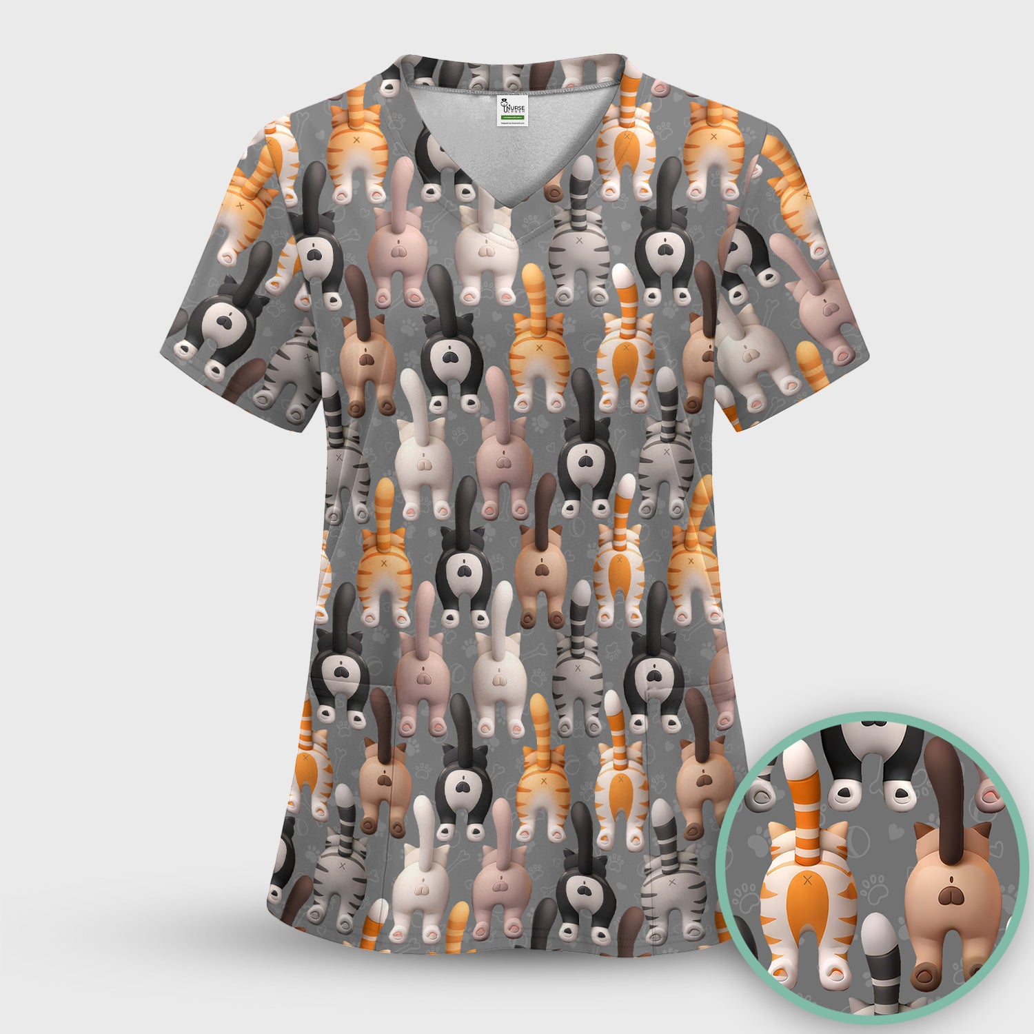 Funny Cat Butt Paw Print Pattern Scrub Set, Nurse Uniform Scrubs Set