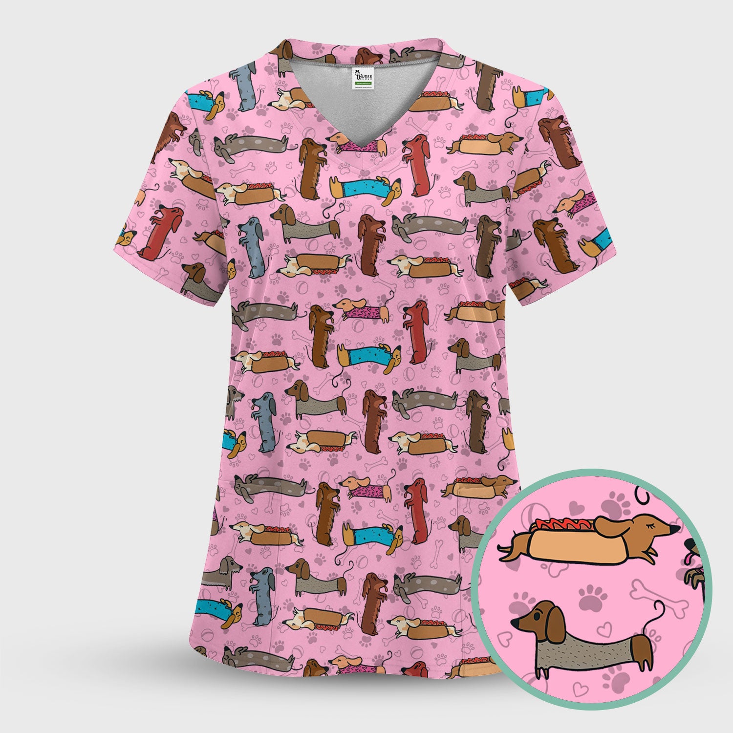 Cute Dachshund Scrub Top for Nurses - Colorful Wiener Dog Print Medical Uniform Shirt - Fun Sausage Dog Pattern Veterinary Workwear