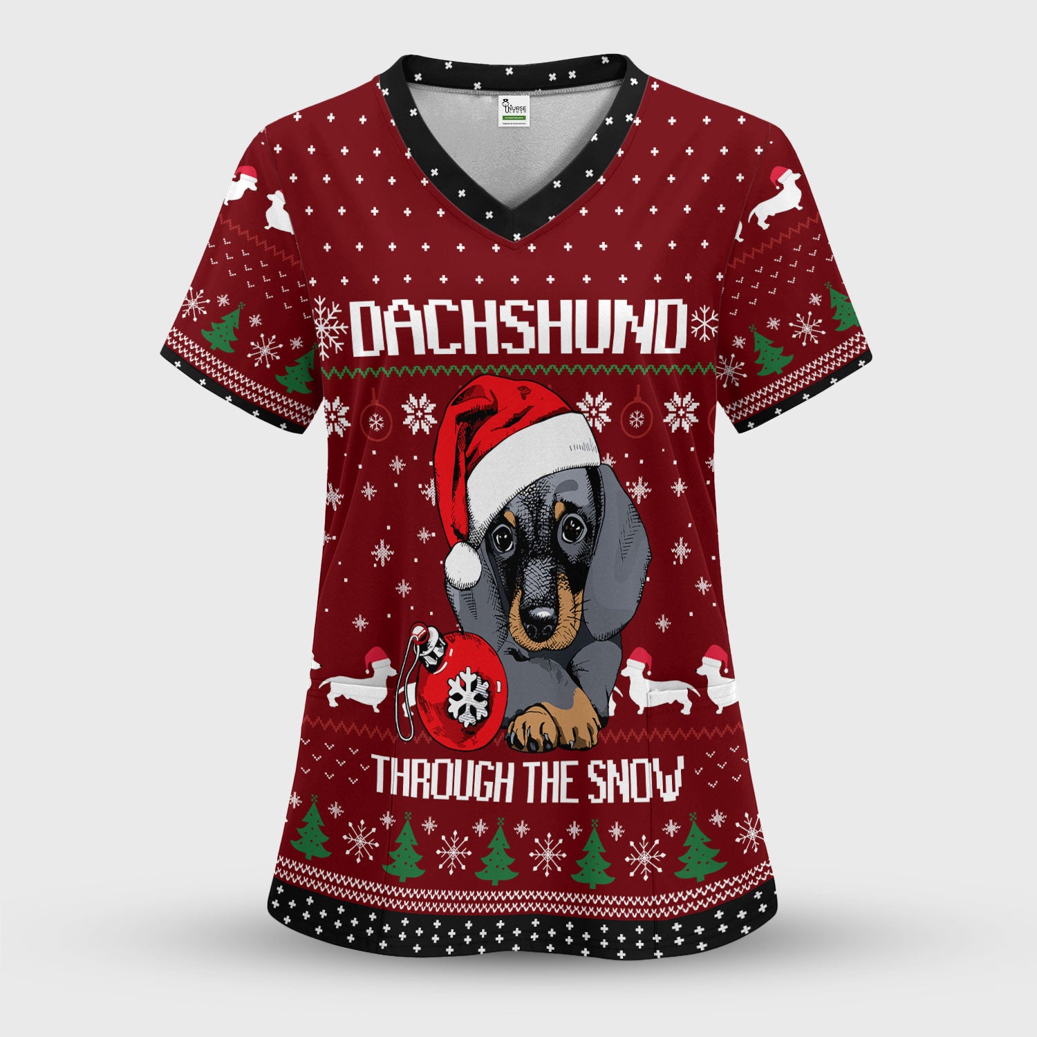 Dachshund Christmas Scrub Top - Funny Sausage Dog Nurse Shirt - Cute Holiday Scrubs for Women RN LPN CNA Gift