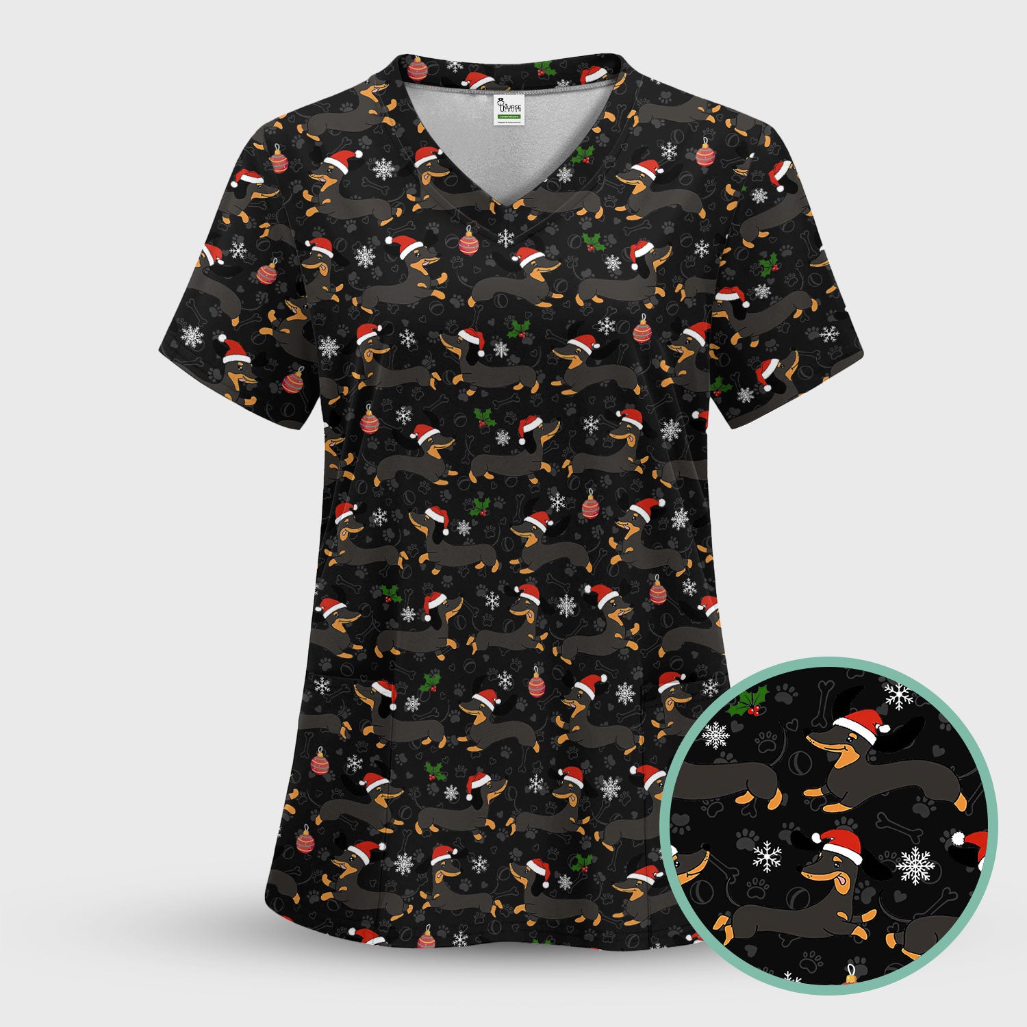 Festive Dachshund Scrub Top for Women - Christmas Sausage Dog Santa Hat Print - Cute Holiday Nurse Medical Uniform RN LPN CNA