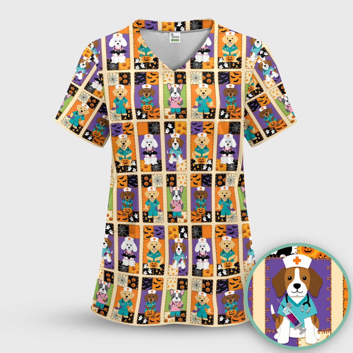 Spooky Halloween Dog Veterinary Scrub Set, Scrub Pants and V Neck Top