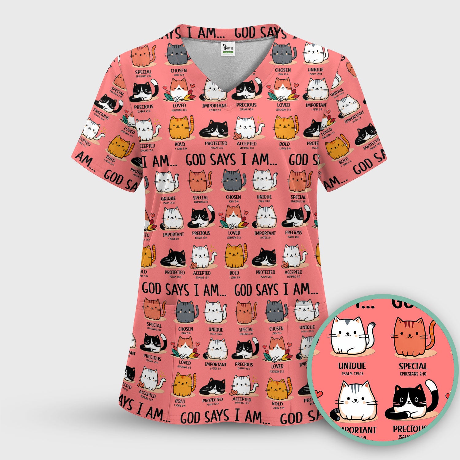 Cute Christian Cat God Says I Am Scrub Top, Comfortable Scrubs for Nurses