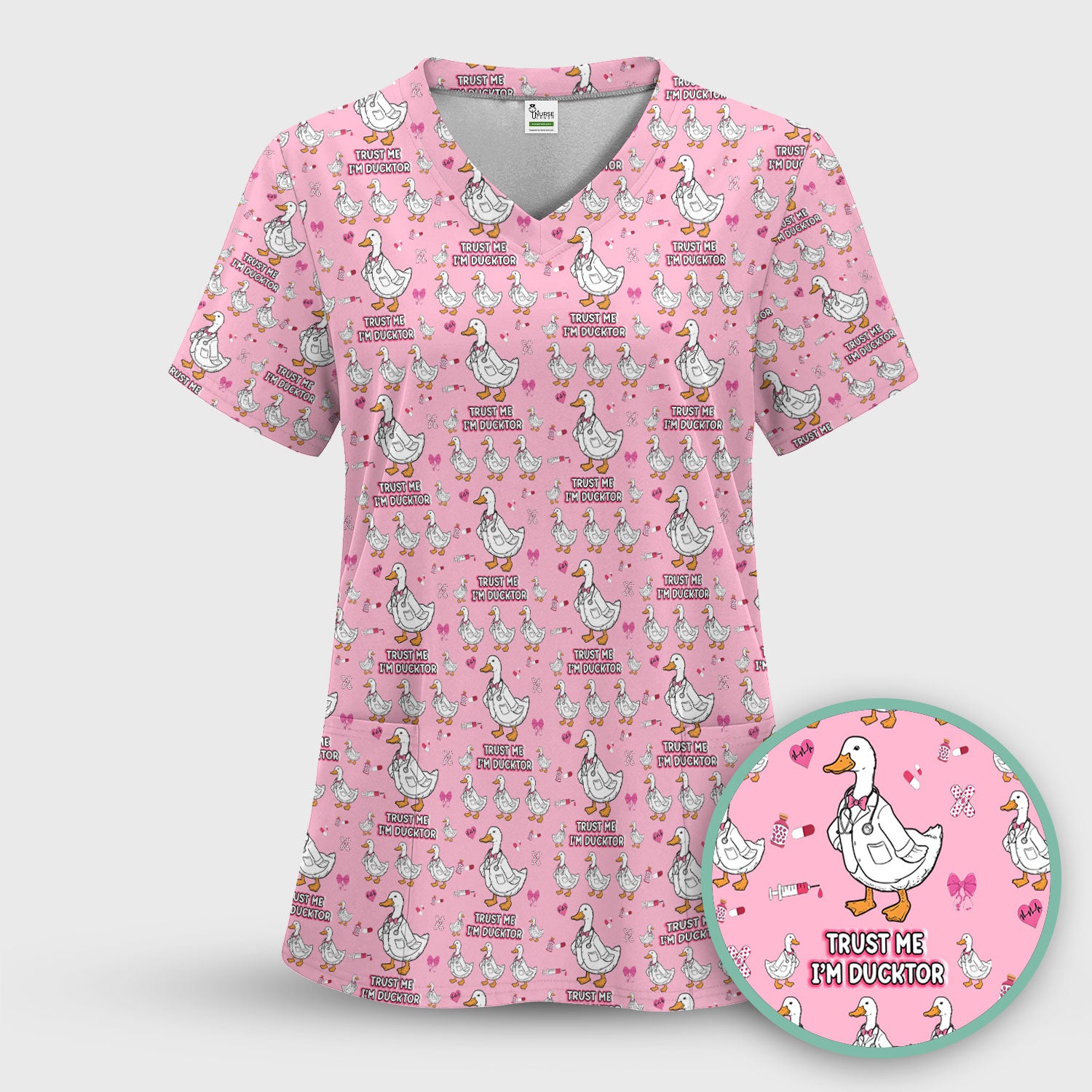 Trust Me I'm Ducktor Scrub Top, Funny Duck Pattern Scrub Shirt, Breathable Fabrics Nursing Uniform For Women