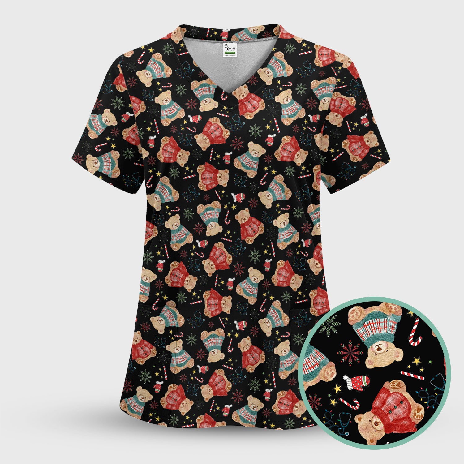 Funny Christmas Scrub Shirt - Cute Bear Winter Print Scrubs - Holiday Medical Scrub Top Gift for Women, Men, CNA RN, Doctor Nurse Christmas Outfit