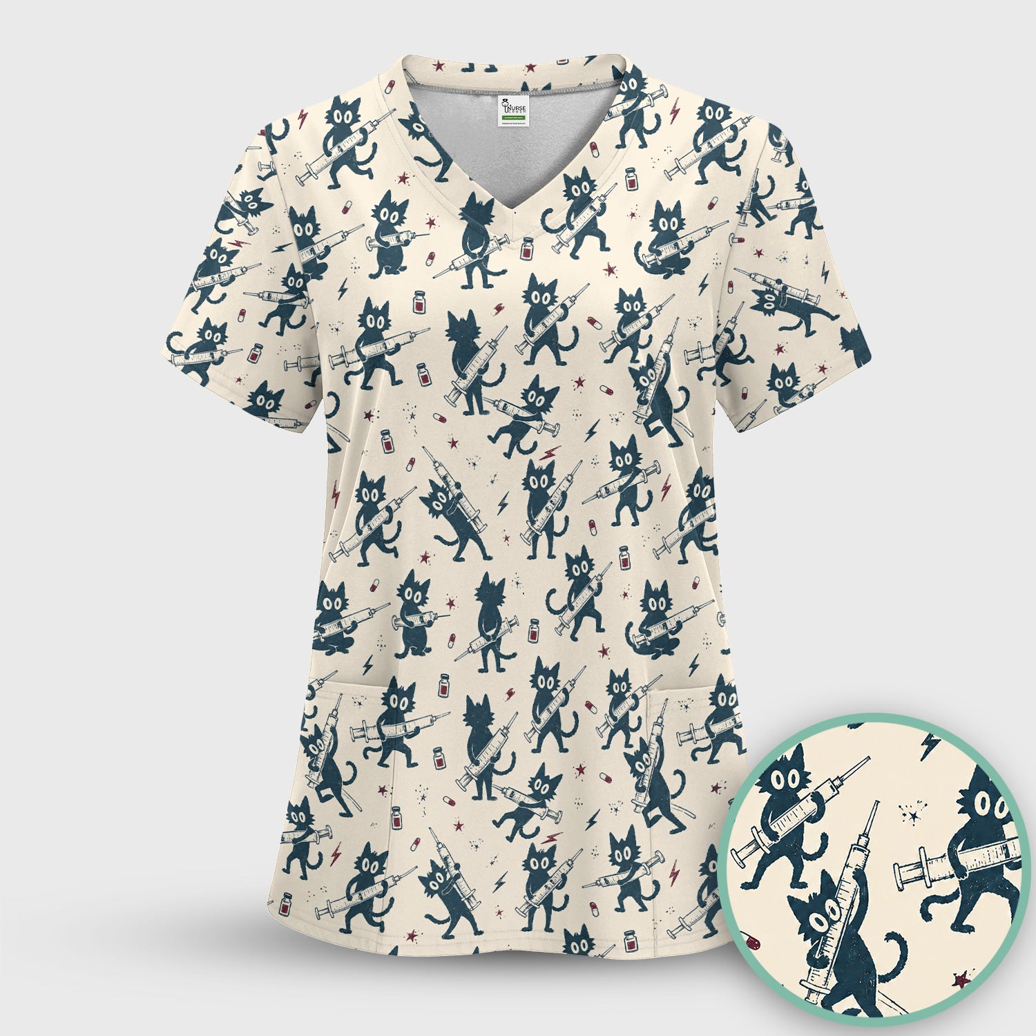 Funny Black Cats With Syringes Scrub Top, Comfortable Scrubs for Nurses