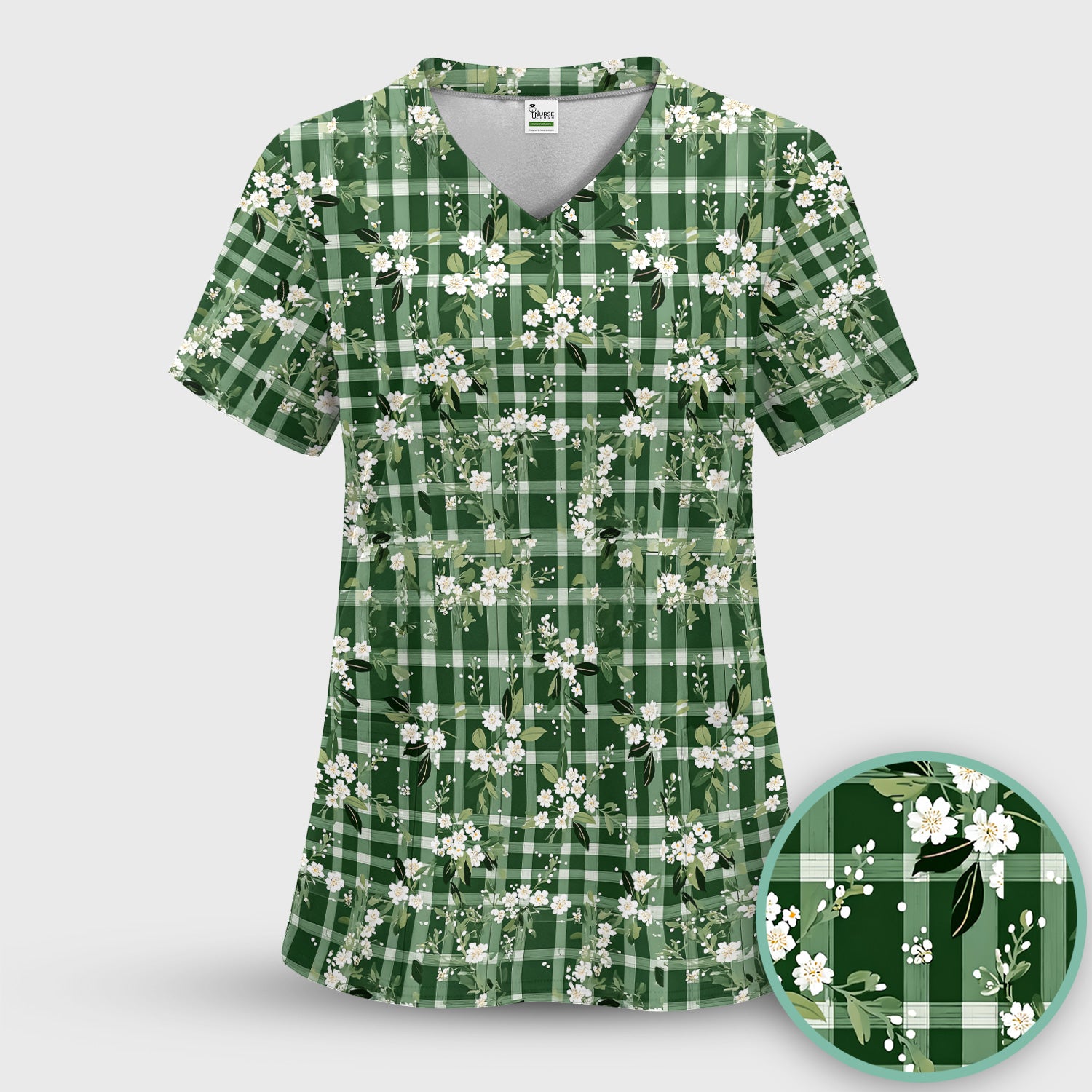 Cute Green Gingham Floral Print Scrub Set, Women's Scrub Sets