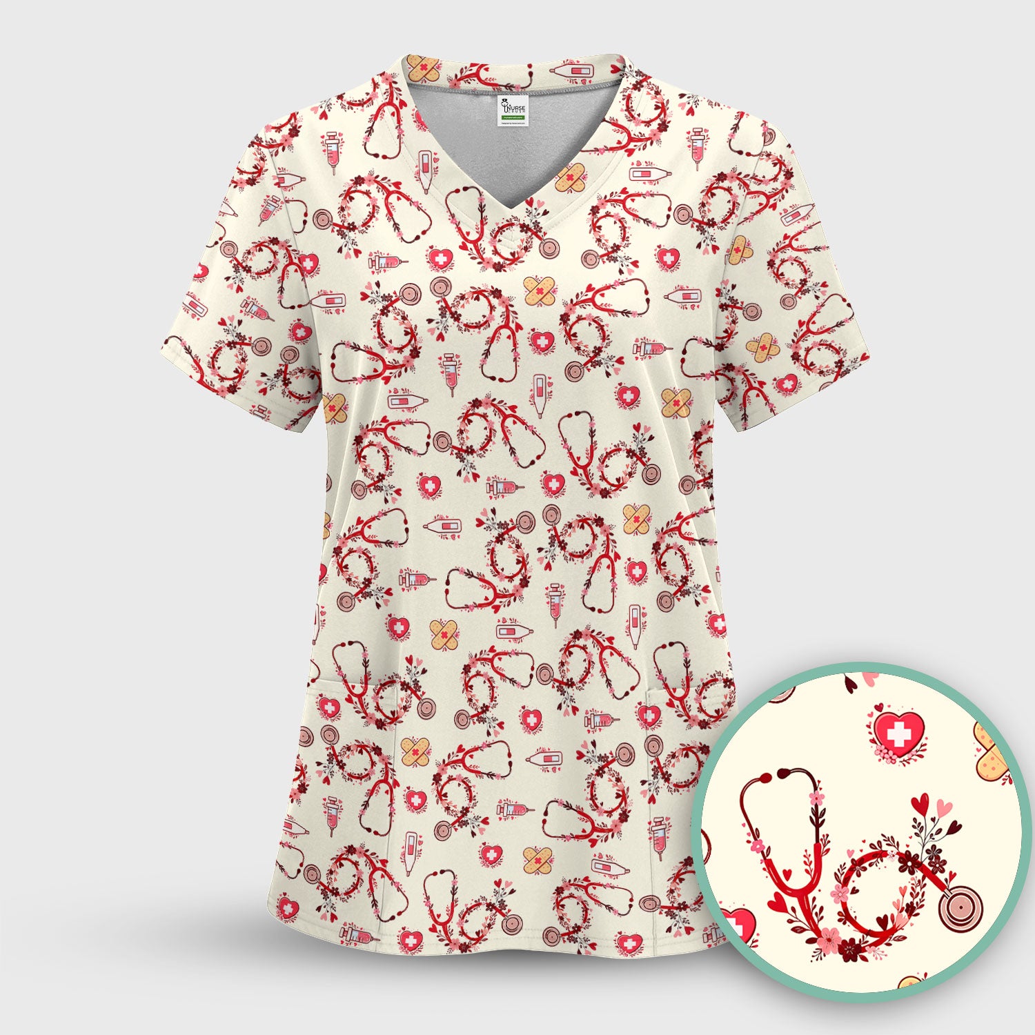 Heart Stethoscope Medical Pattern Scrub Set, Breathable Med Uniform