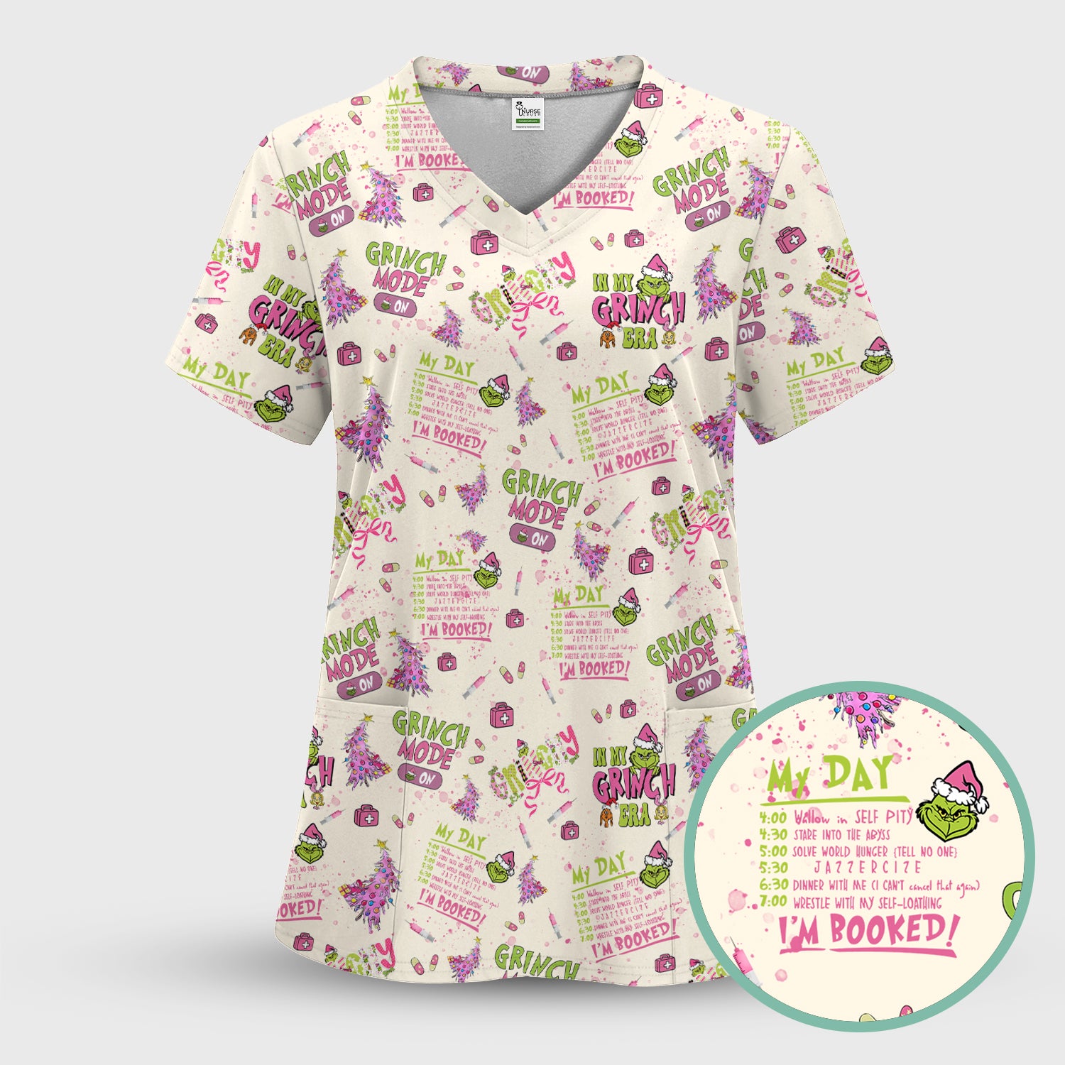 Funny Christmas Scrub Top for Women - Grinch Mode On Holiday Nurse Uniform Shirt - Pink Grinchmas Gift for RN CNA LPN