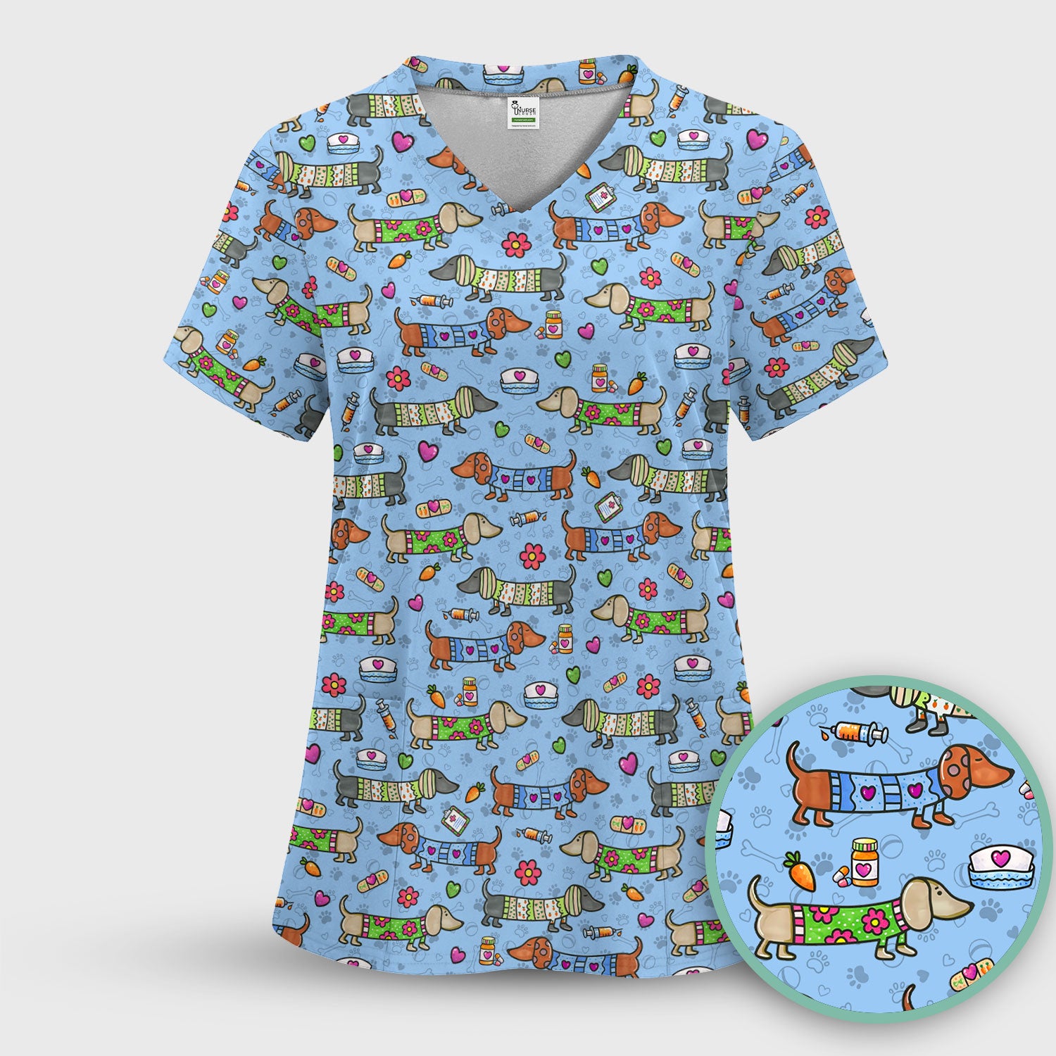 Cute Dachshund Nurse Scrub Top, Funny Wiener Dog Nursing Shirt, Breathable Fabrics Nursing Uniform
