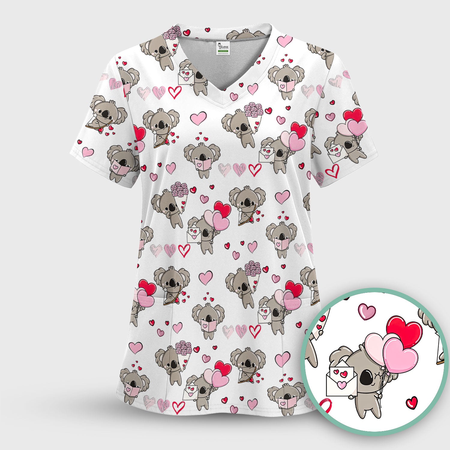 Valentine Koala Holding Flowers Cute Print Scrub Top, Comfortable Scrubs for Nurses