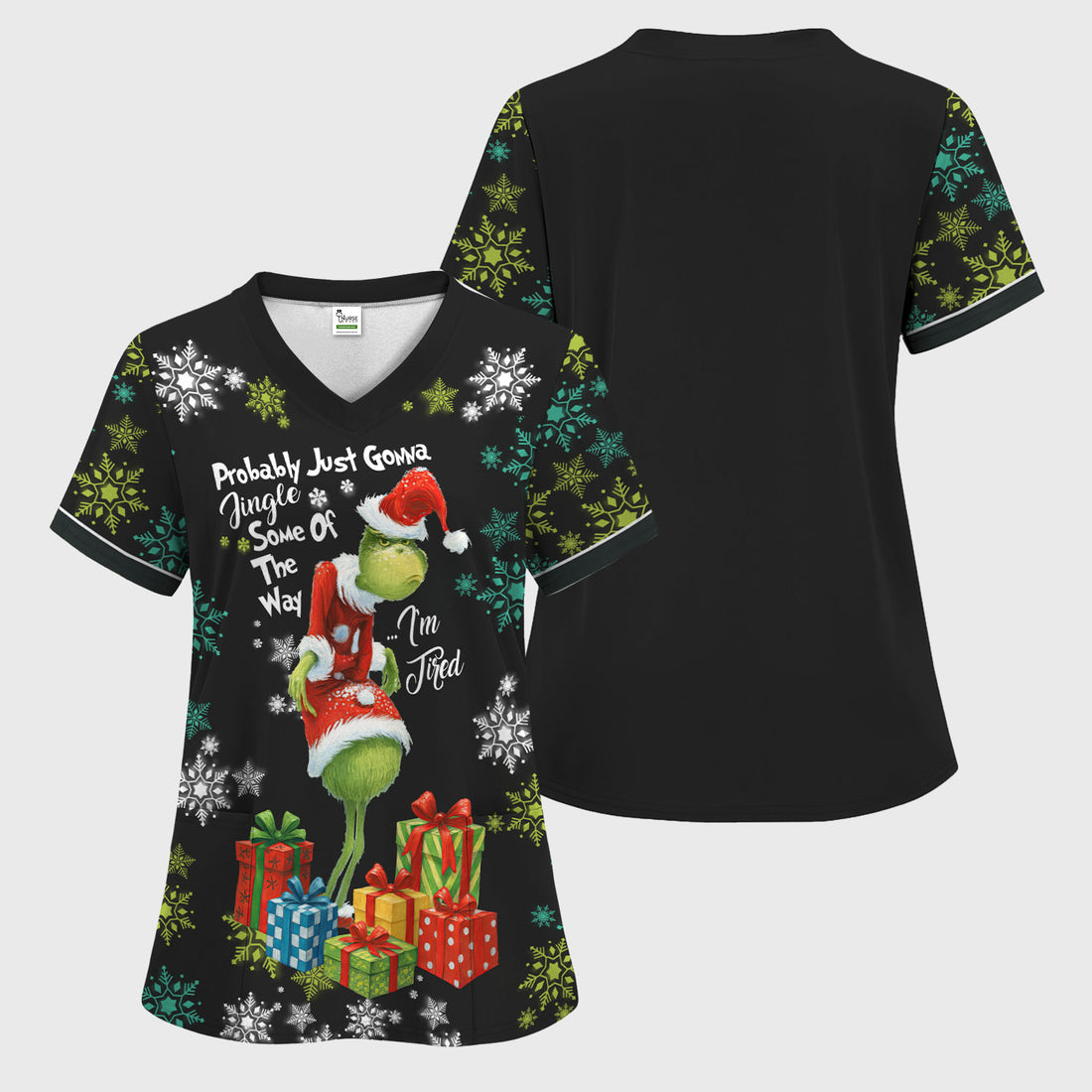 Tired Grinch Christmas Scrub Top - Funny Holiday Medical Uniform for Women - Xmas Gift for RN LPN CNA