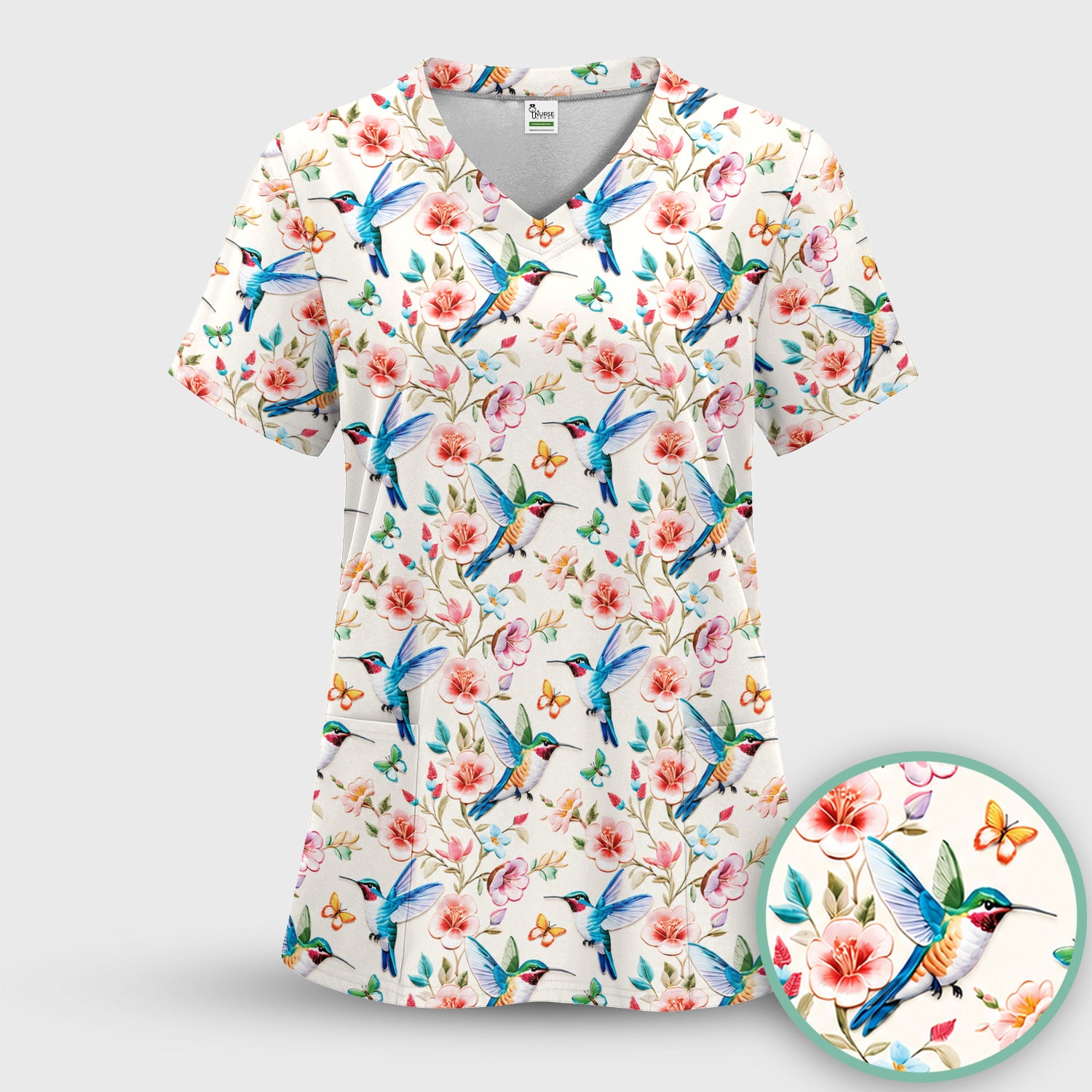Hummingbird Blossom Butterfly Pattern Scrub Set, Scrub Pants and V Neck Top