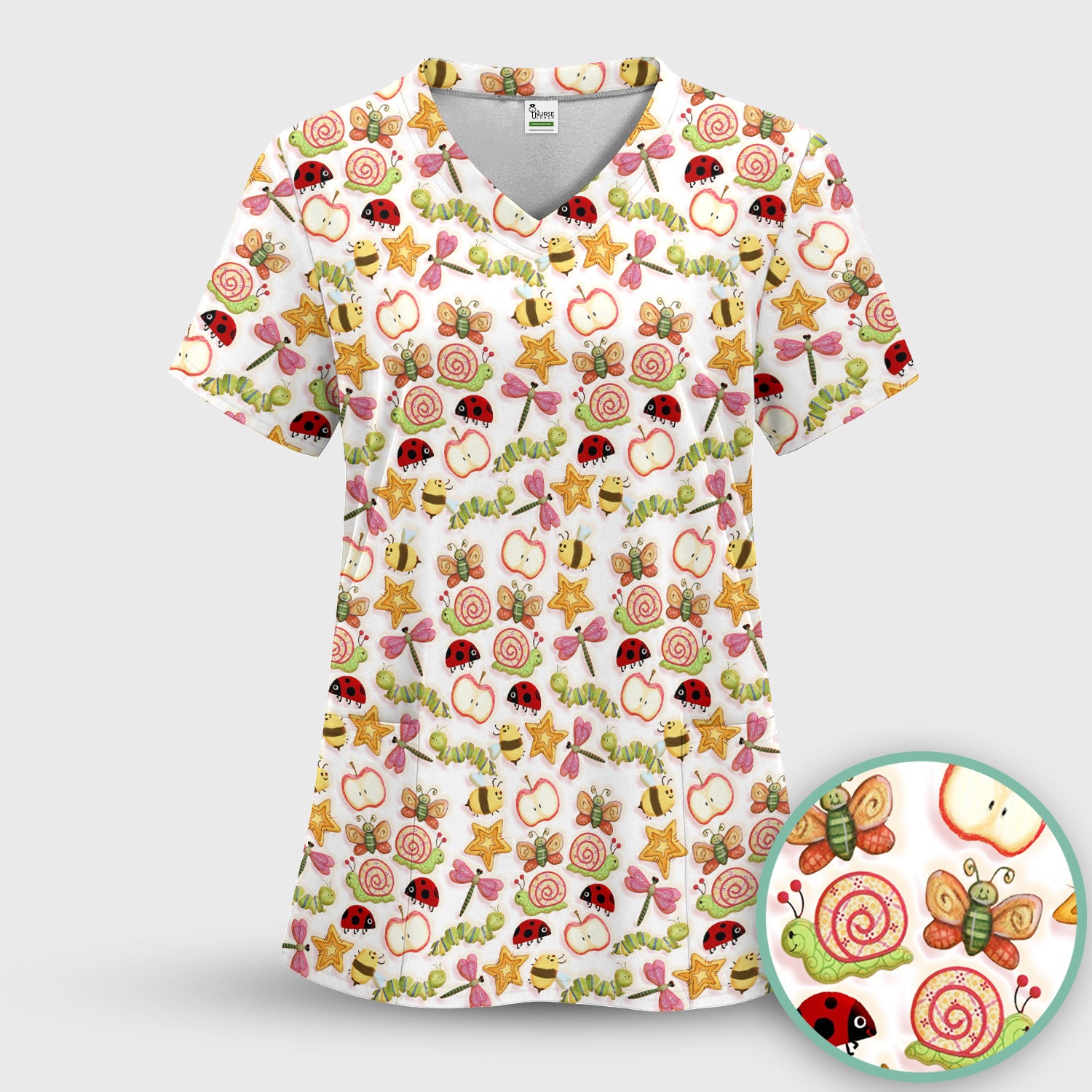 Cute Nurse Snail Ladybug Caterpillar Apple Garden Pattern Scrub Top, Breathable Fabrics Nursing Uniform