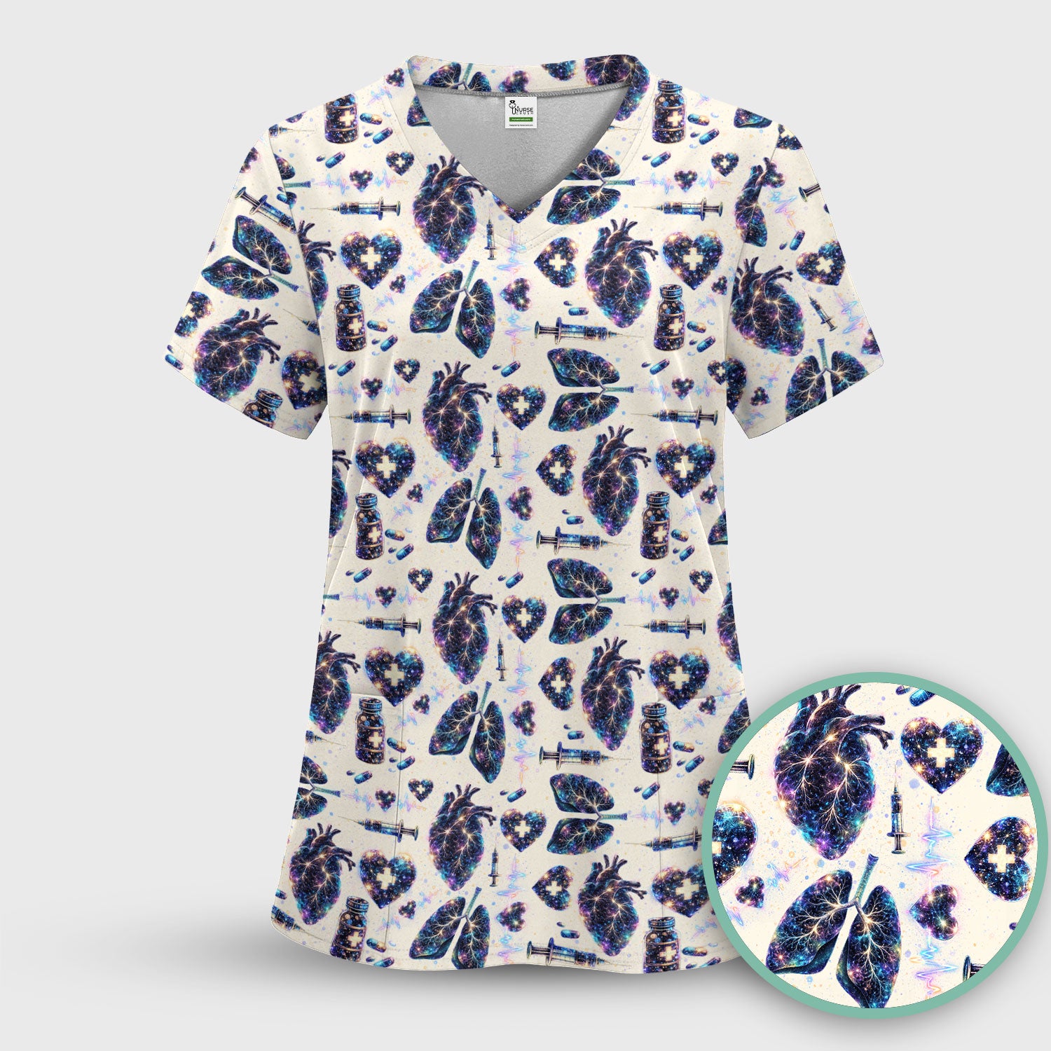 Galaxy Anatomical Heart Lung Syringe Print Scrub Top, Breathable Fabrics Nursing Uniform