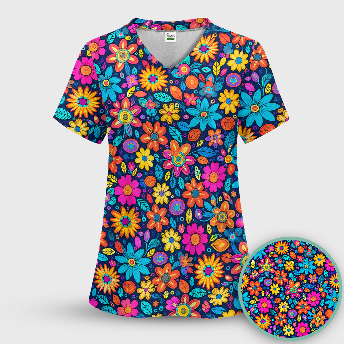 Vibrant Retro Floral Doodle Pattern Scrub Top, Comfortable Scrubs for Nurses