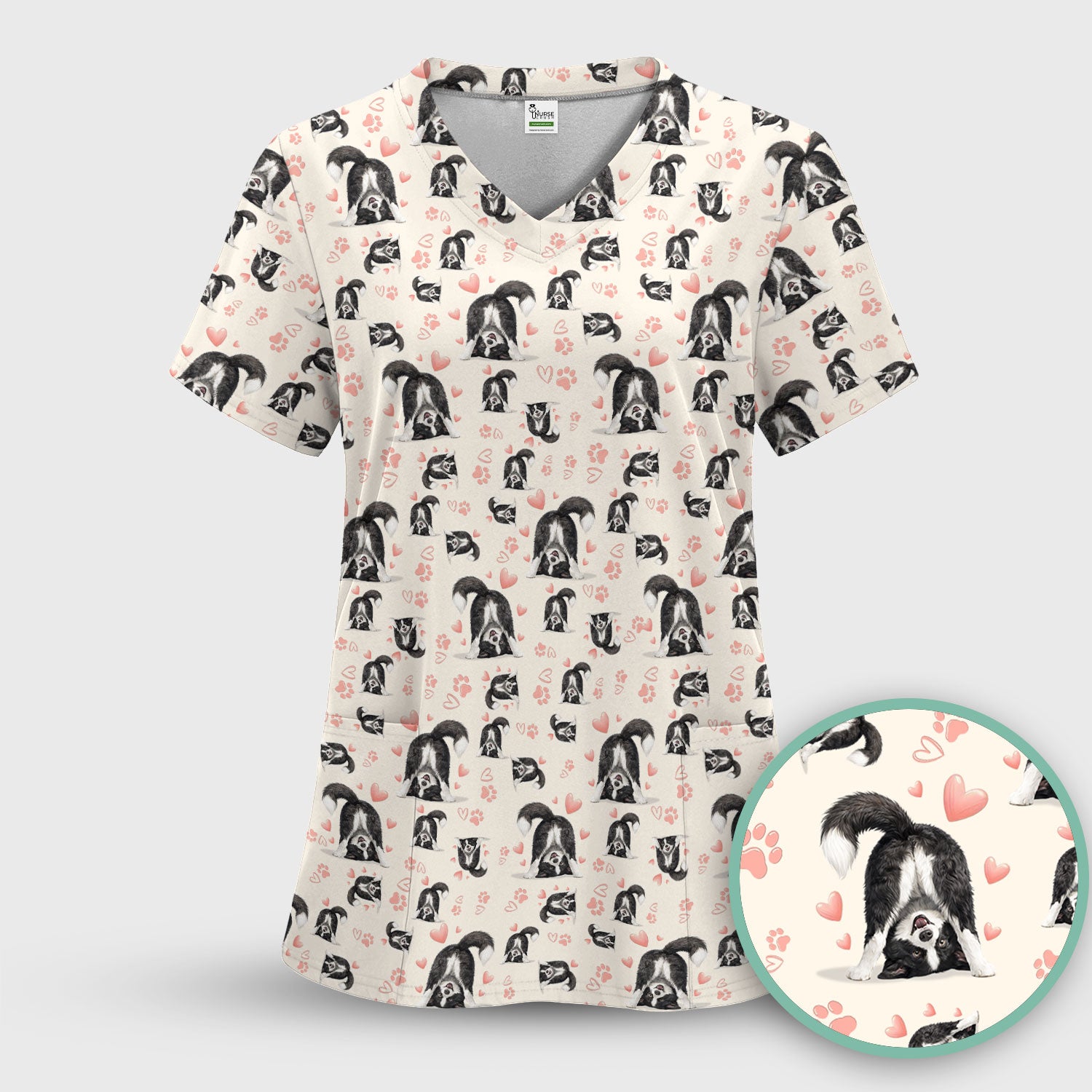 Cute Puppy Heart Medical Pattern Scrub Uniform, Women's Scrub Sets