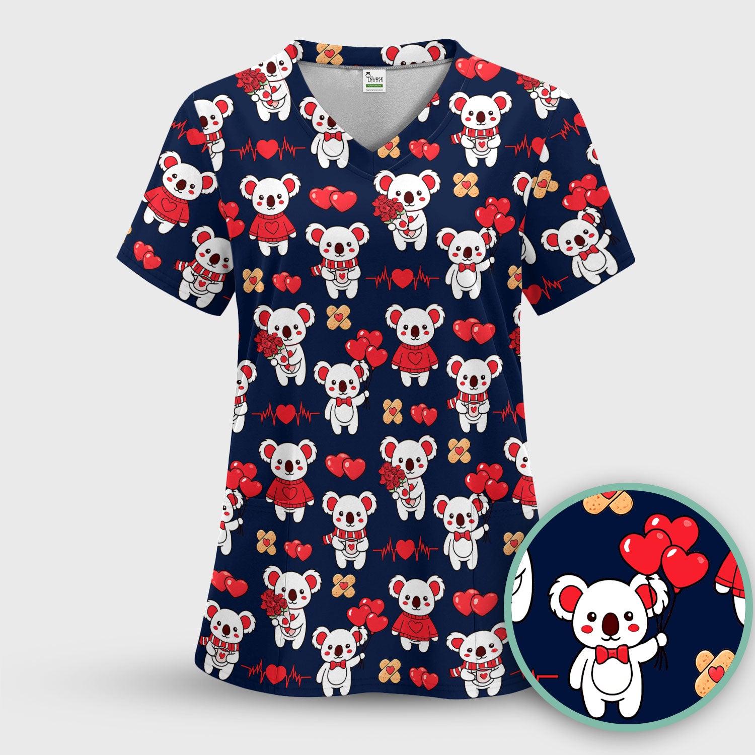 Sweet Koala Valentine Medical Design Scrub Top, Comfortable Scrubs for Nurses