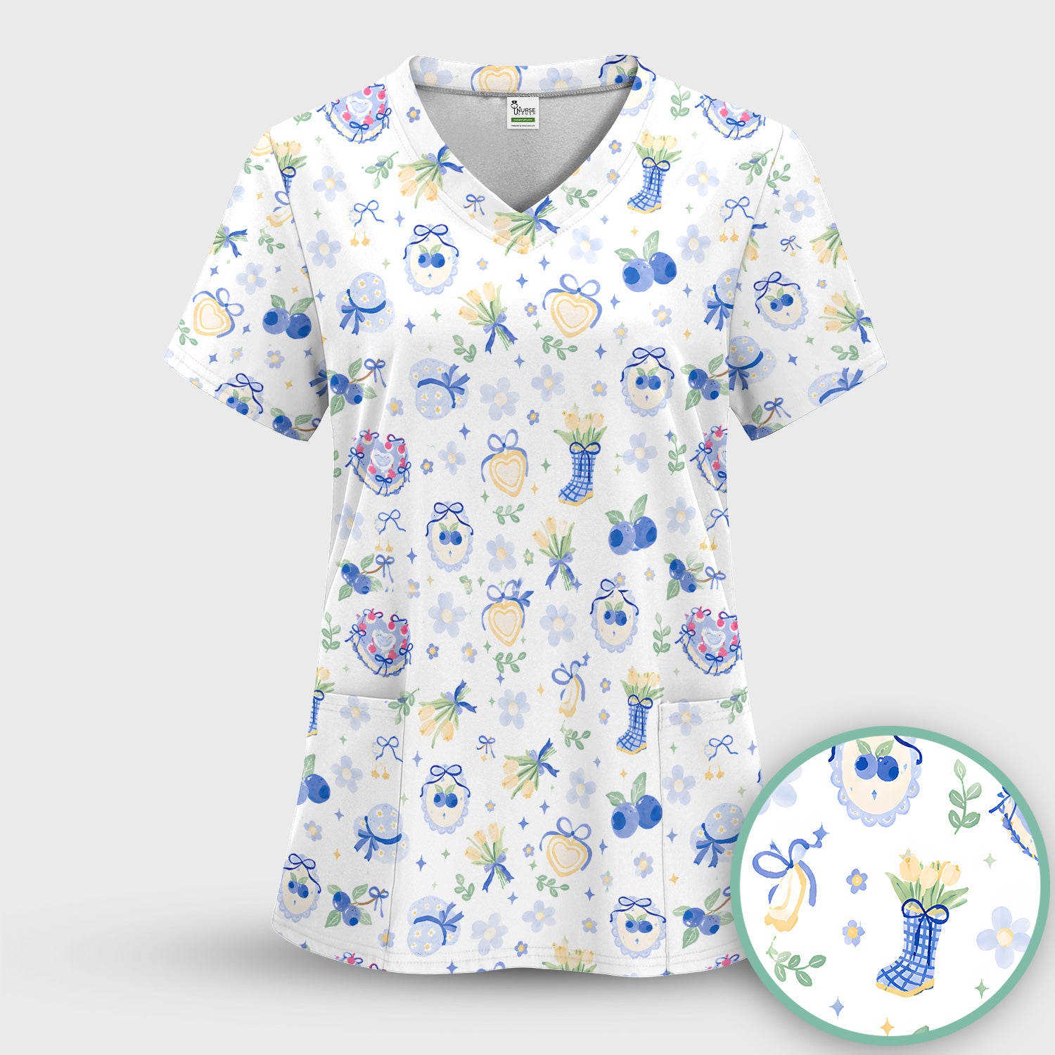 Cute Blueberry Bow Print Scrub Set, Scrub Pants and V Neck Top