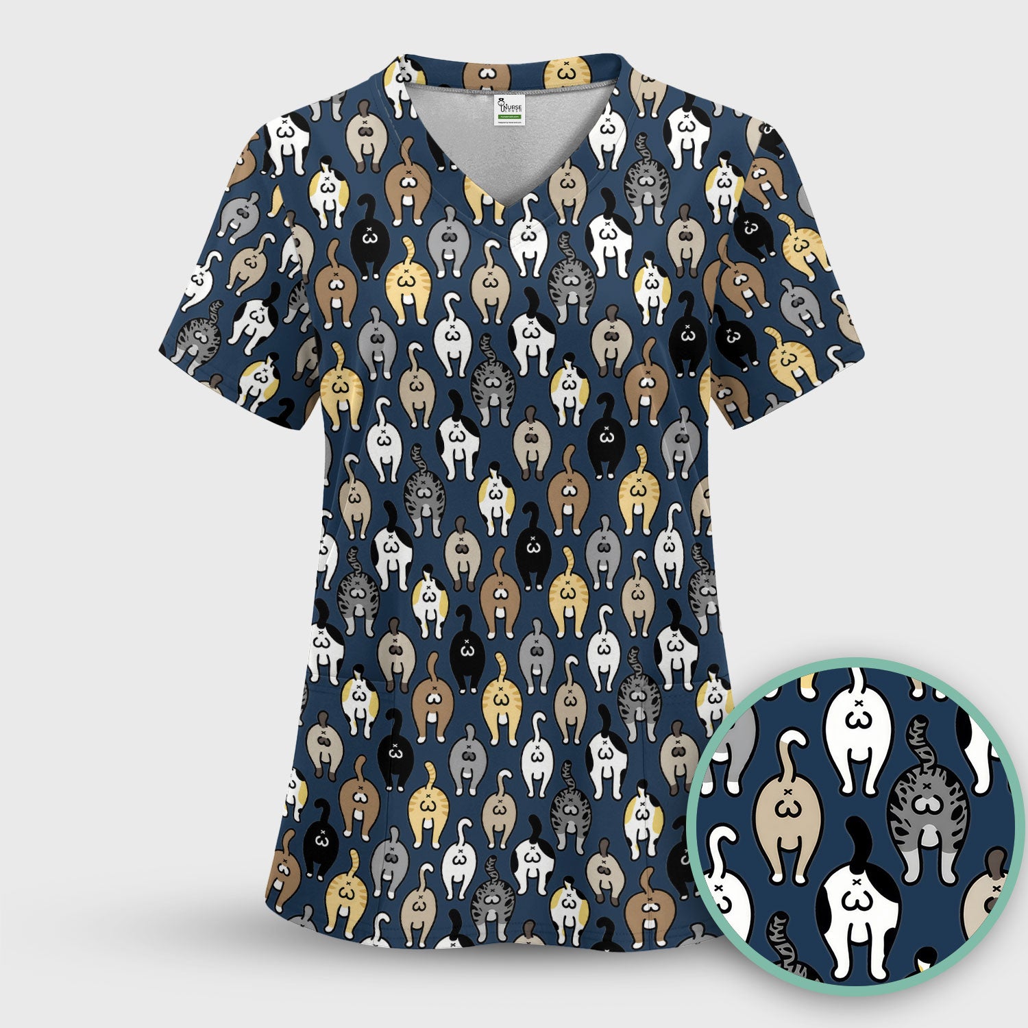 Cat Lover Nurse Scrub Set, Funny Cat Butt Pattern Medical Shirt, Breathable Fabrics Nursing Uniform