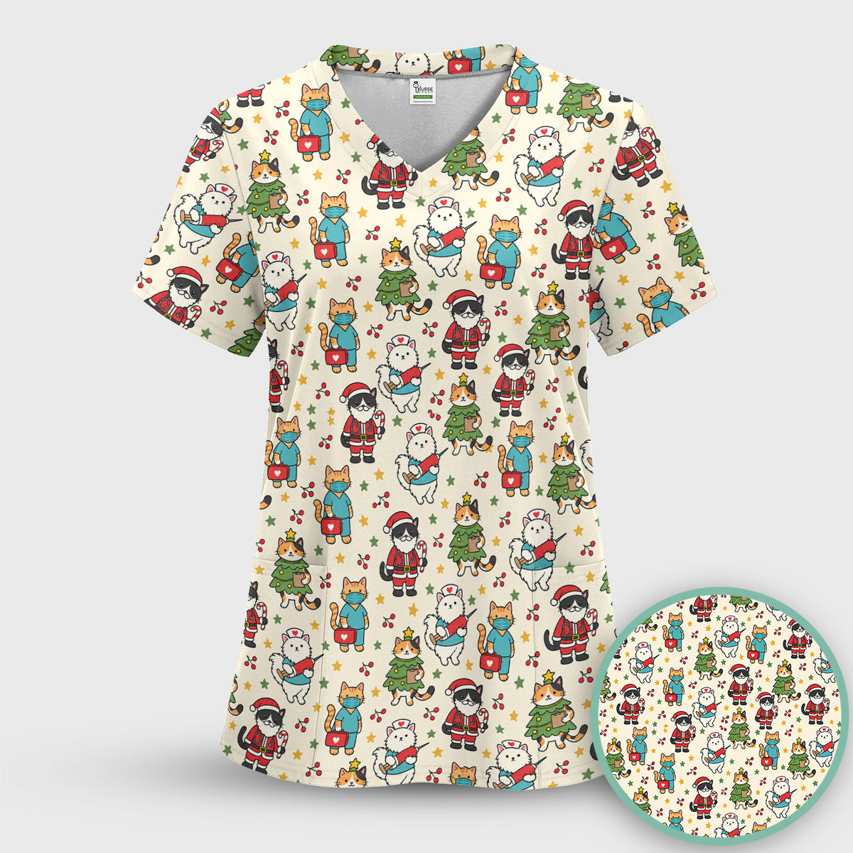 Christmas Cats In Nurse And Santa Outfits Scrub Set, Scrub Pants and V Neck Top
