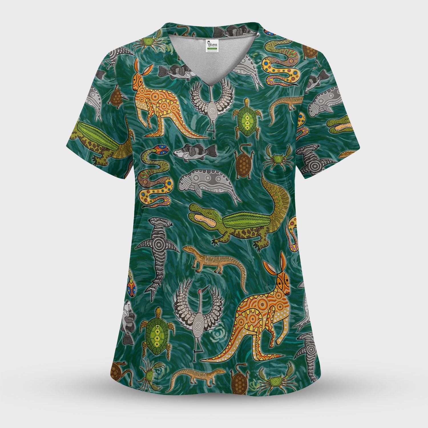 Crocodile Turtle Snake Animal Pattern Scrub Top, Comfortable Scrubs for Nurses