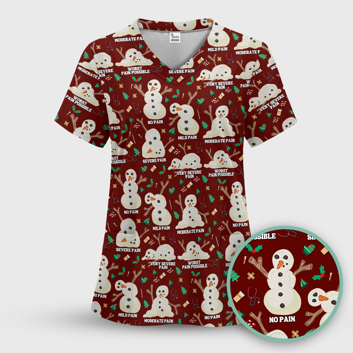 Funny Snowman Pain Scale Scrub Top for Nurse - Christmas Medical Shirt for Women RN LPN CNA - Cute Winter Nursing Uniform