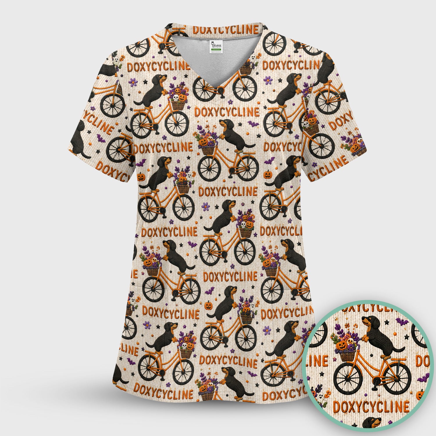 Halloween Dachshund with Doxycycline Bike Print Scrub Top, Comfortable Scrubs for Nurses