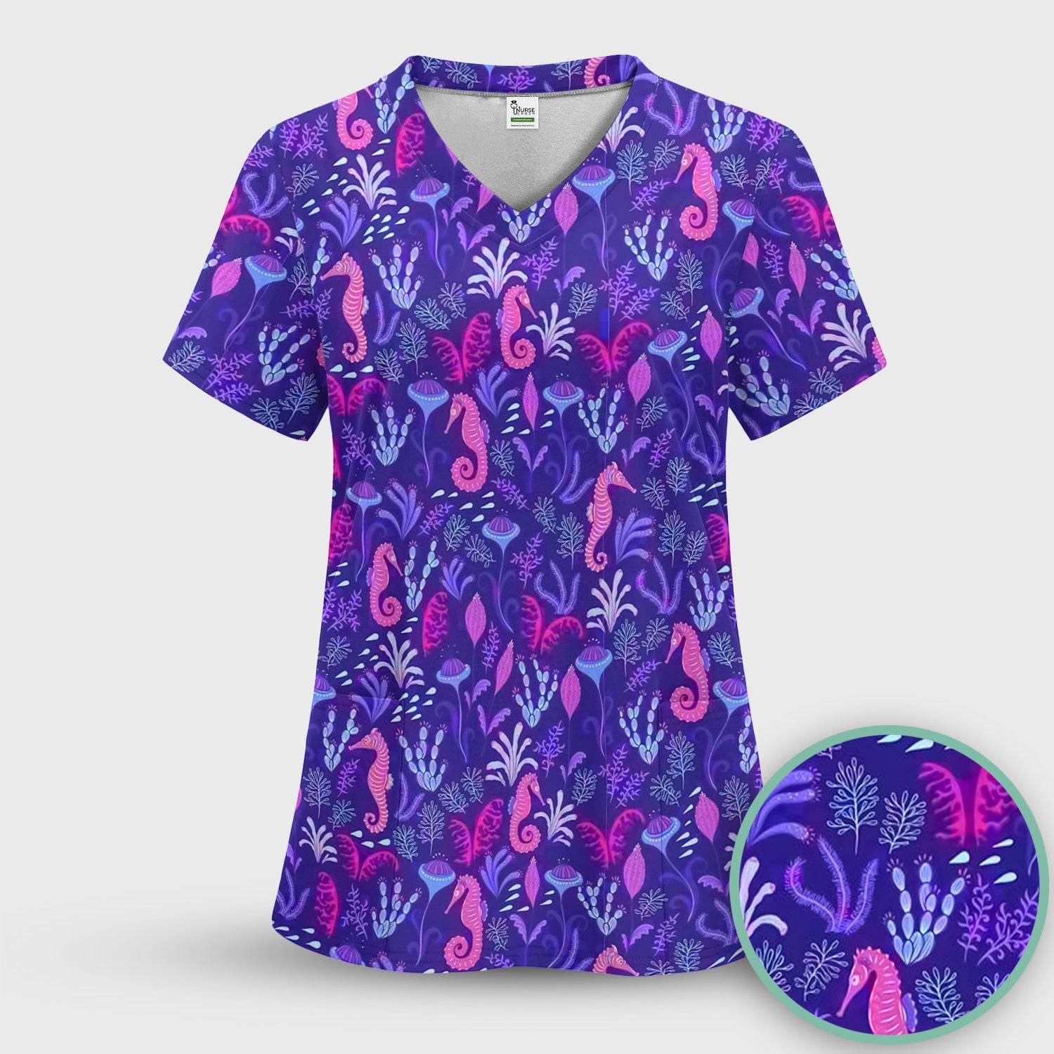Purple Seahorse Ocean Scrub Set, Scrub Pants and V Neck Top