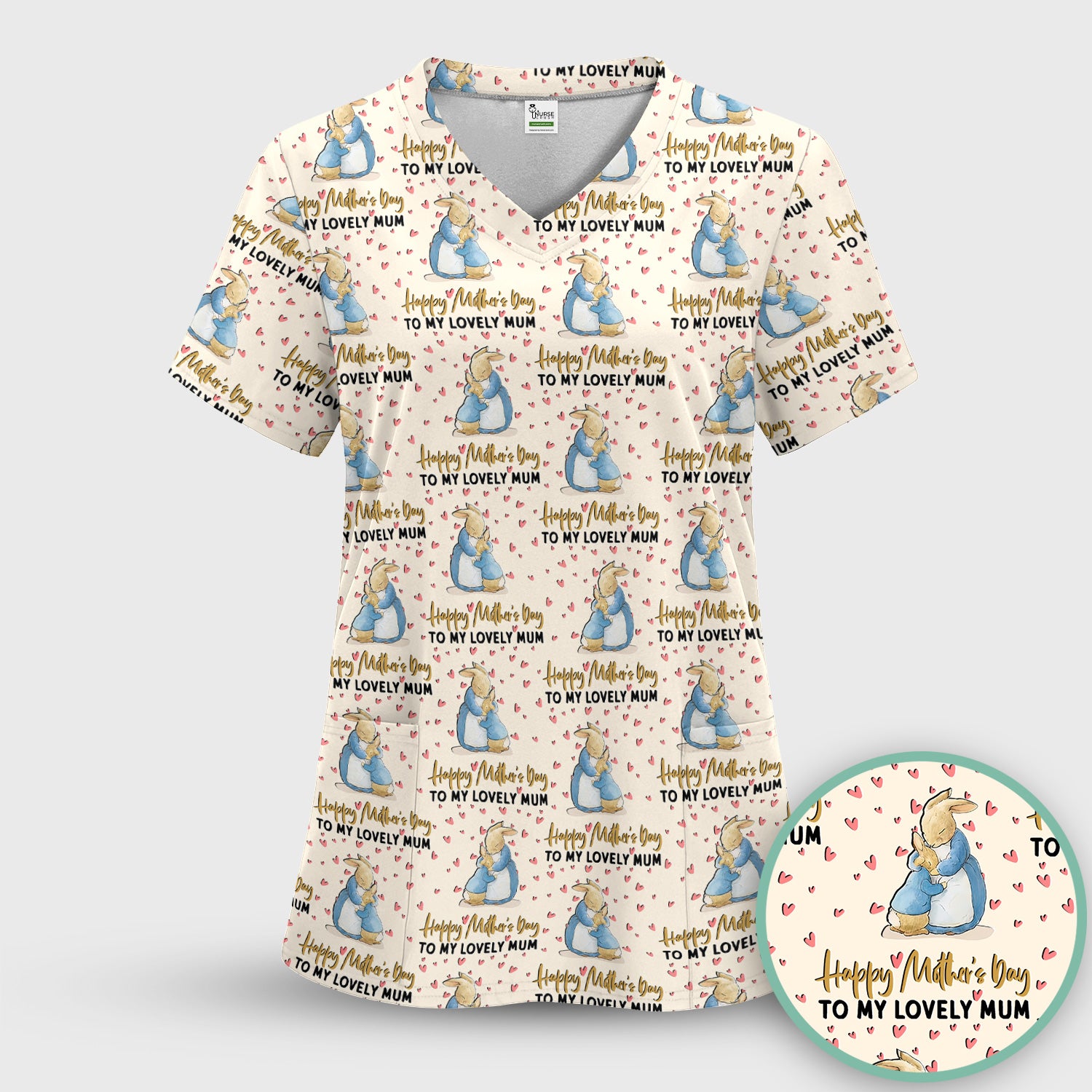 Happy Mothers Day Bunny Love Pattern Scrub Sets, Scrub Pants and V Neck Top