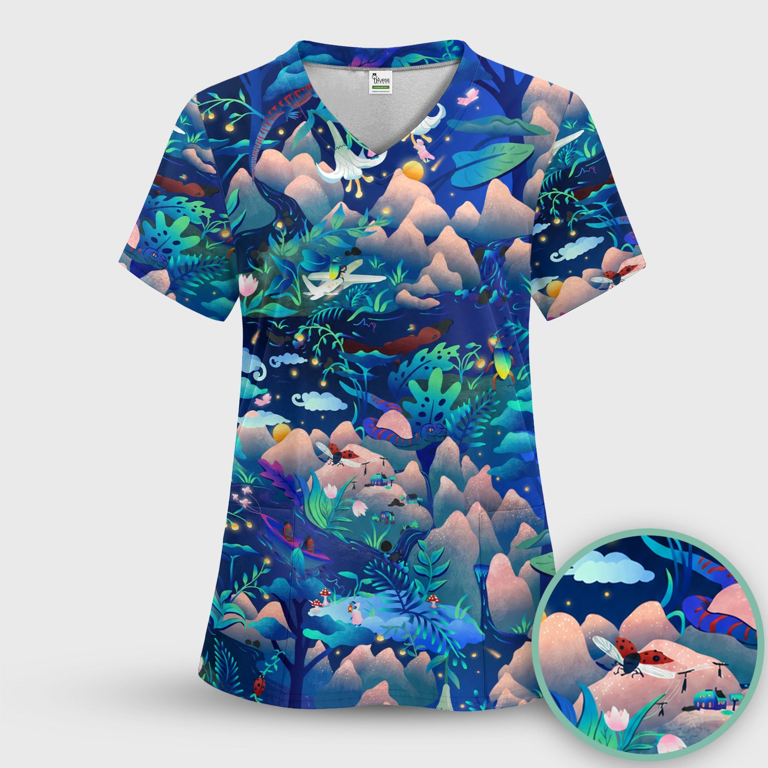 Whimsical Mountain Bug Print Scrub Top, Comfortable Scrubs for Nurses