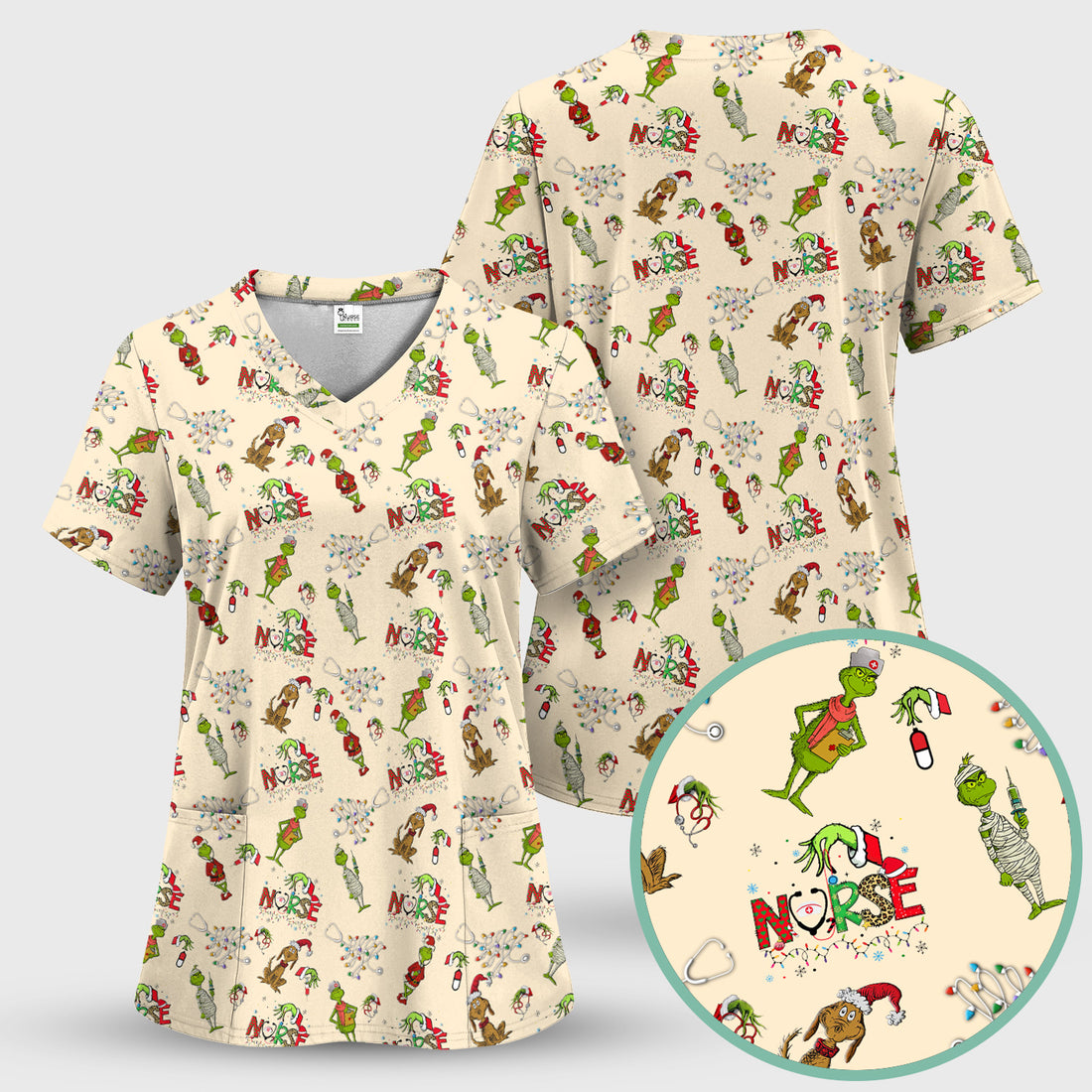 Christmas Nurse Scrub Top for Women - Funny Grinch Nursing Scrub Shirt Multi Color - Cute Holiday Medical Work Shirt with Pockets