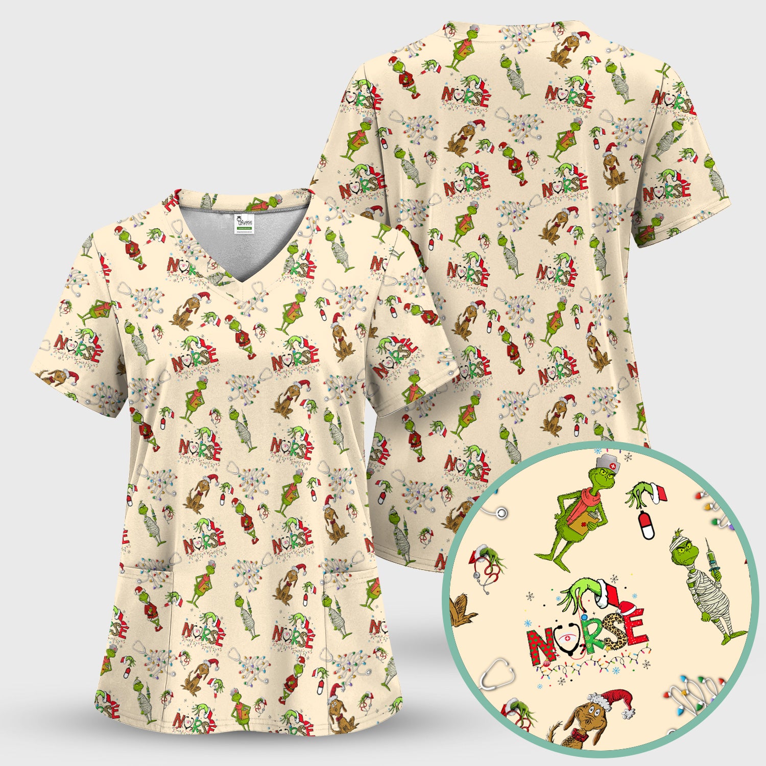 Christmas Nurse Scrub Top for Women - Funny Grinch Nursing Scrub Shirt Multi Color - Cute Holiday Medical Work Shirt with Pockets