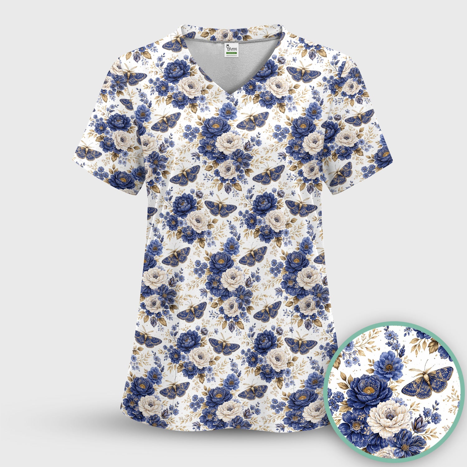 Cute Blue Floral Moth Pattern Scrub Top, Comfortable Scrubs for Nurses