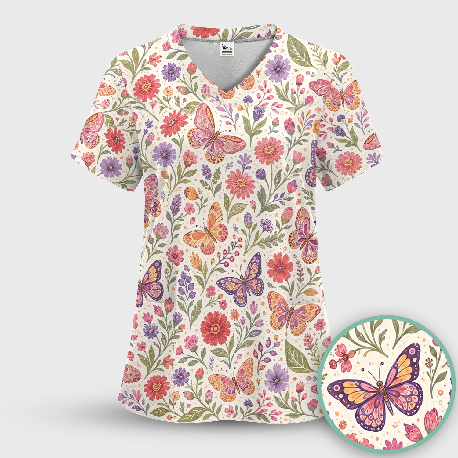 Floral Butterfly Pediatric Nurse Pattern Scrub Set, Scrub Pants and V Neck Top