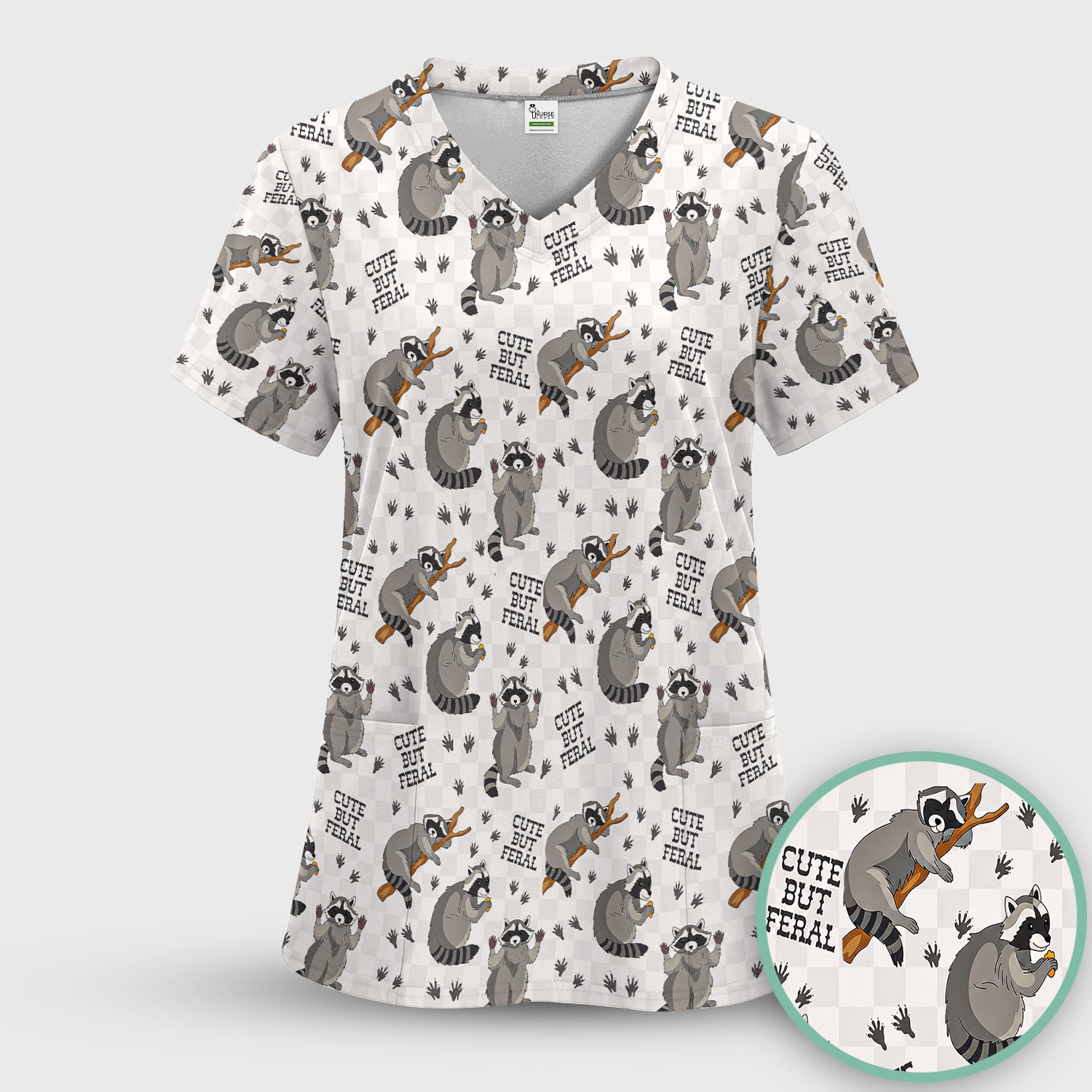 Funny Feral Raccoon Pattern Scrub Top, Comfortable Scrubs for Nurses