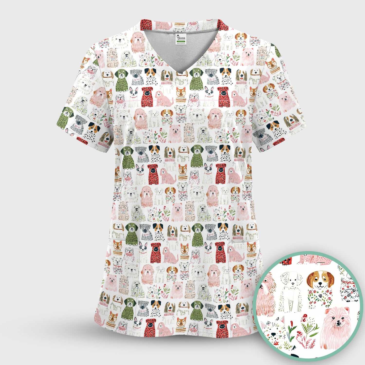 Cute Cartoon Dog Breeds Pattern Scrub Top, Comfortable Scrubs for Nurses