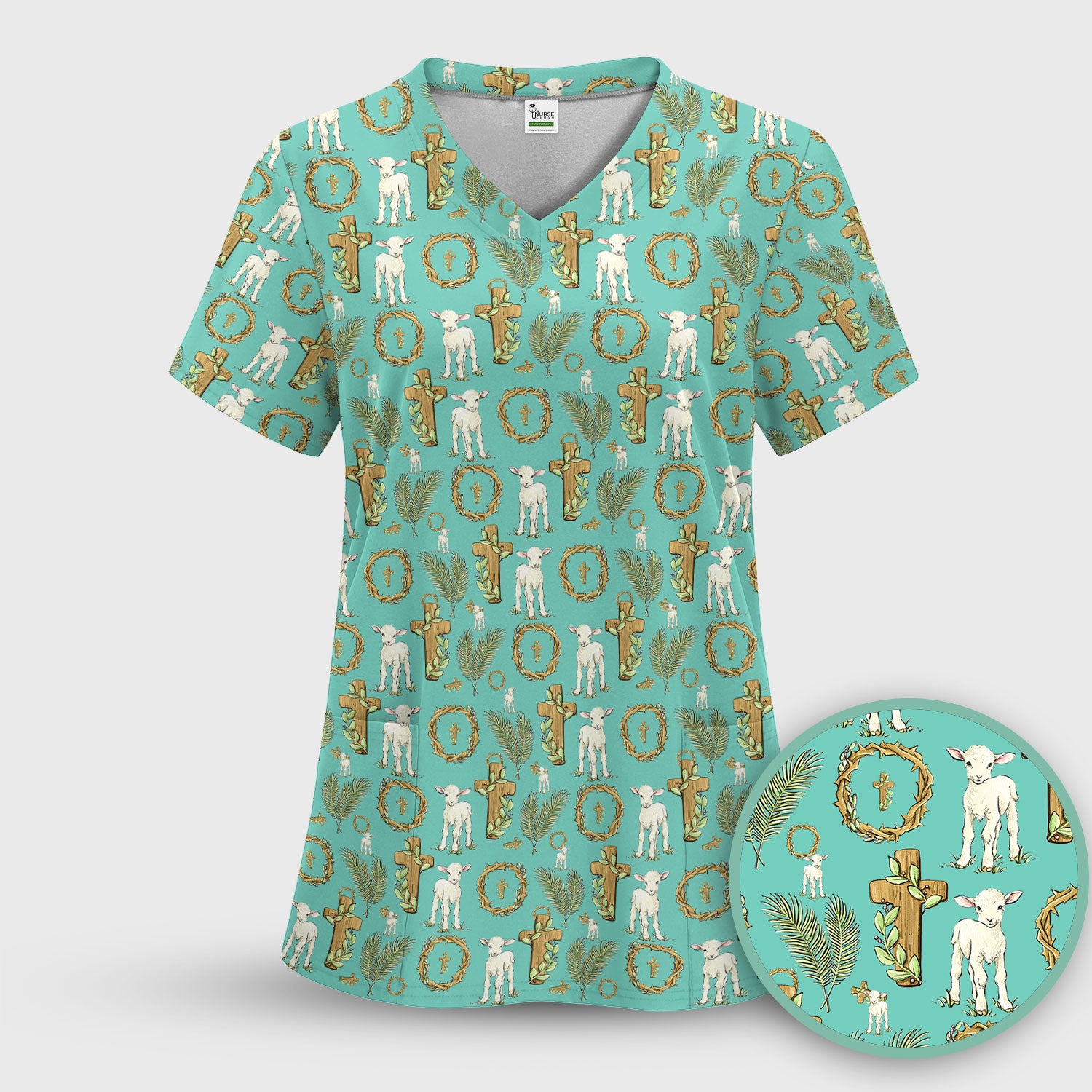 Faith Lamb Cross Pattern Scrub Top, Comfortable Scrubs for Nurses