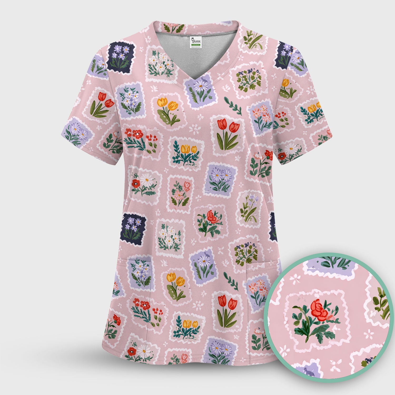 Vintage Flower Stamp Pattern Scrub Top, Breathable Fabrics Nursing Uniform