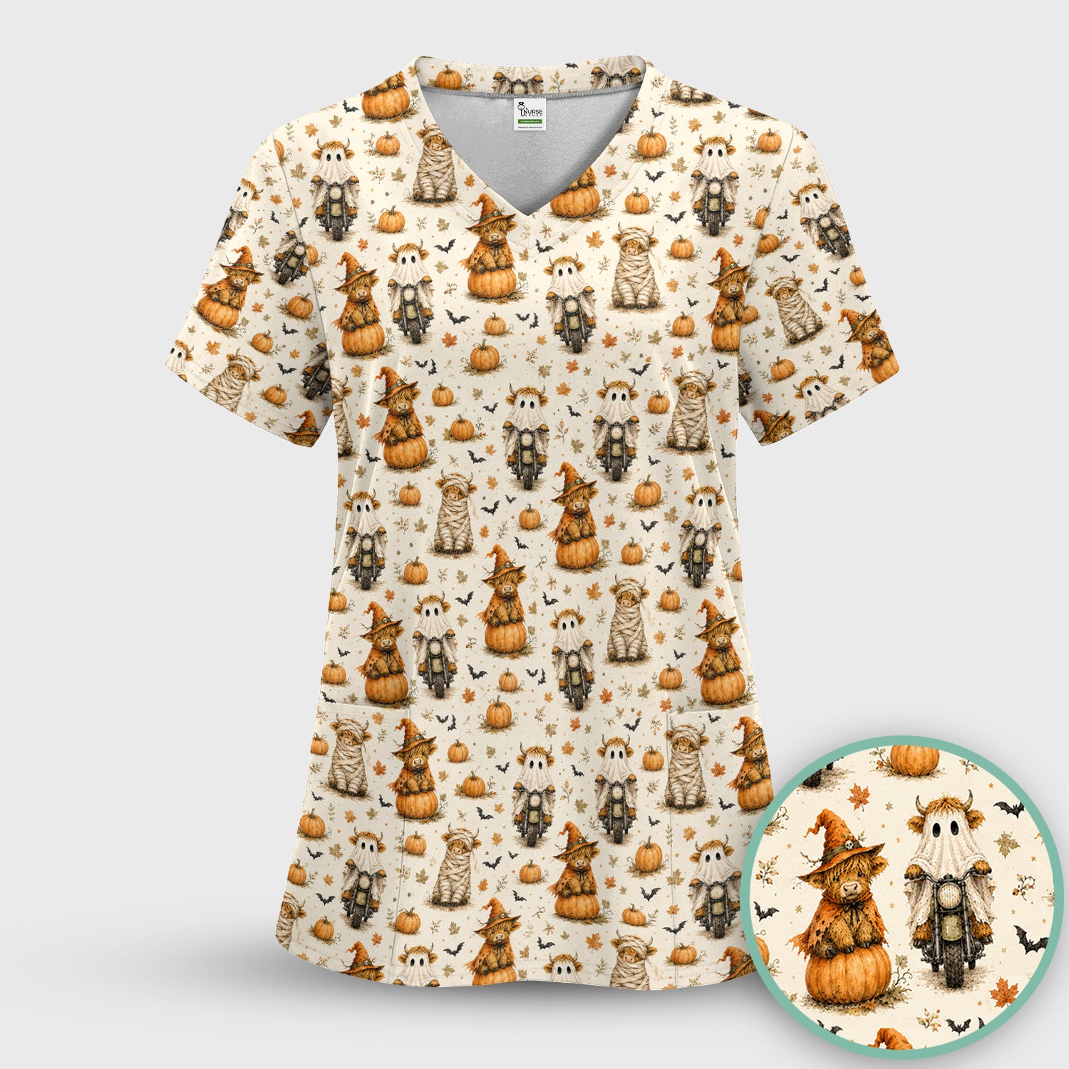 Halloween Highland Cow Costumes Scrub Top, Comfortable Scrubs for Nurses