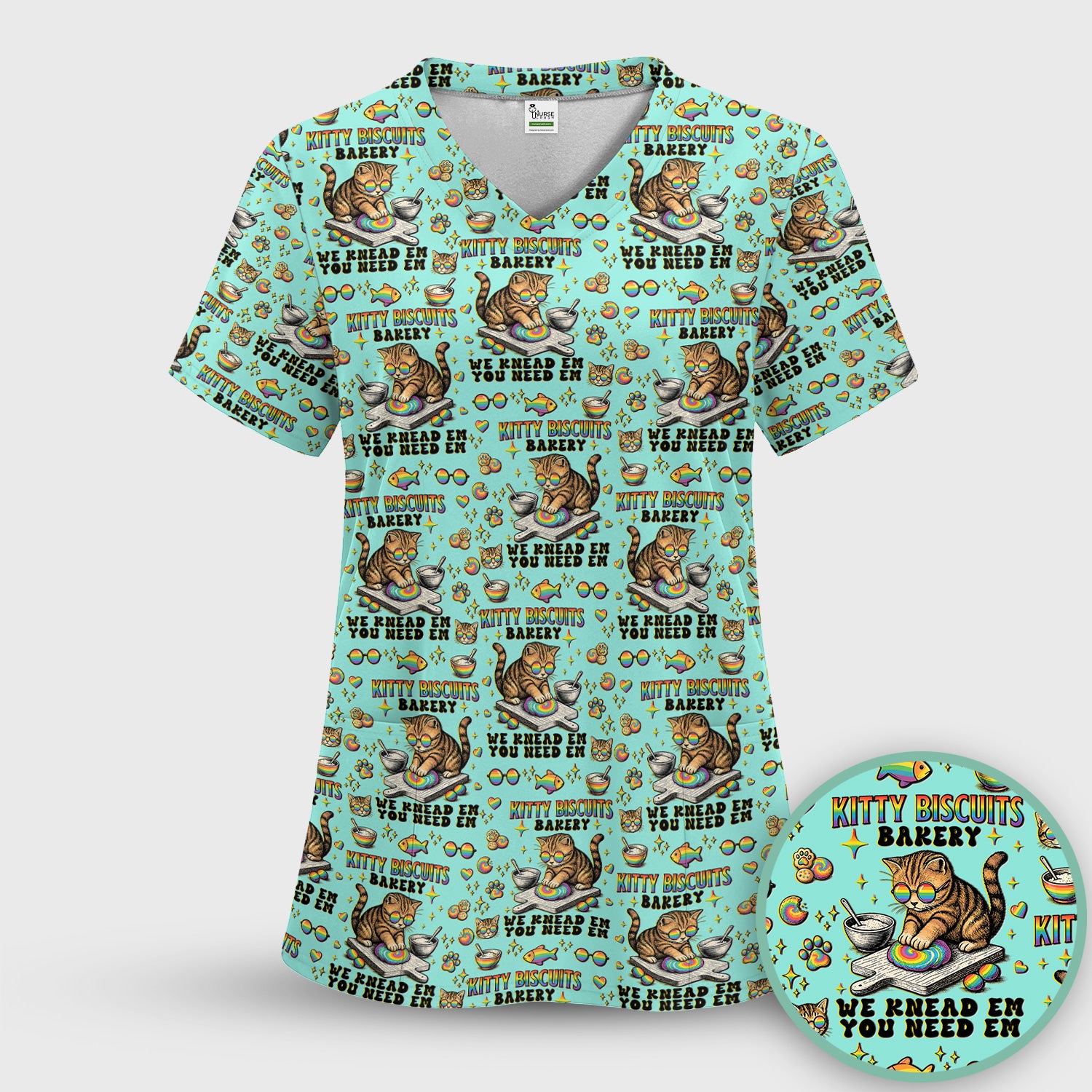Pride Nurse Cat Baking Rainbow Dough Pattern Scrub Top, Breathable Fabrics Nursing Uniform