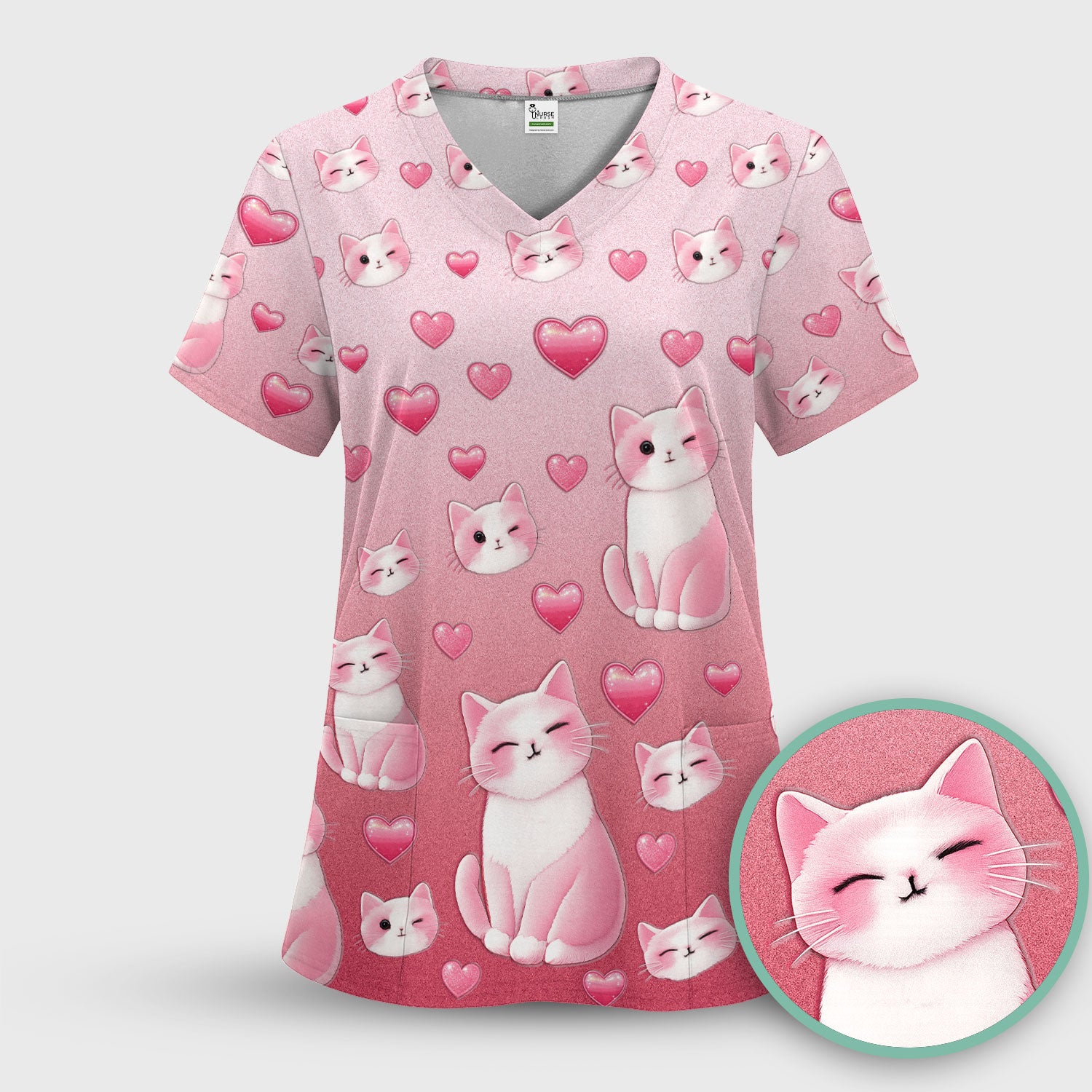 Valentine Cat Scrub Top, Cute Heart Pattern Nurse Shirt, Comfortable Scrubs For Nursing