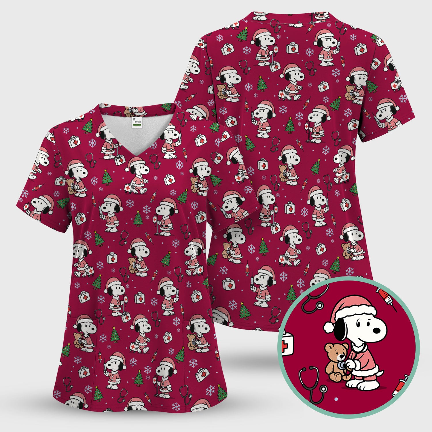 Snoopy Christmas Nurse Scrub Top for Women - Cute Cartoon Holiday Medical Uniform with Pockets - Nursing Gift for RN CNA LPN