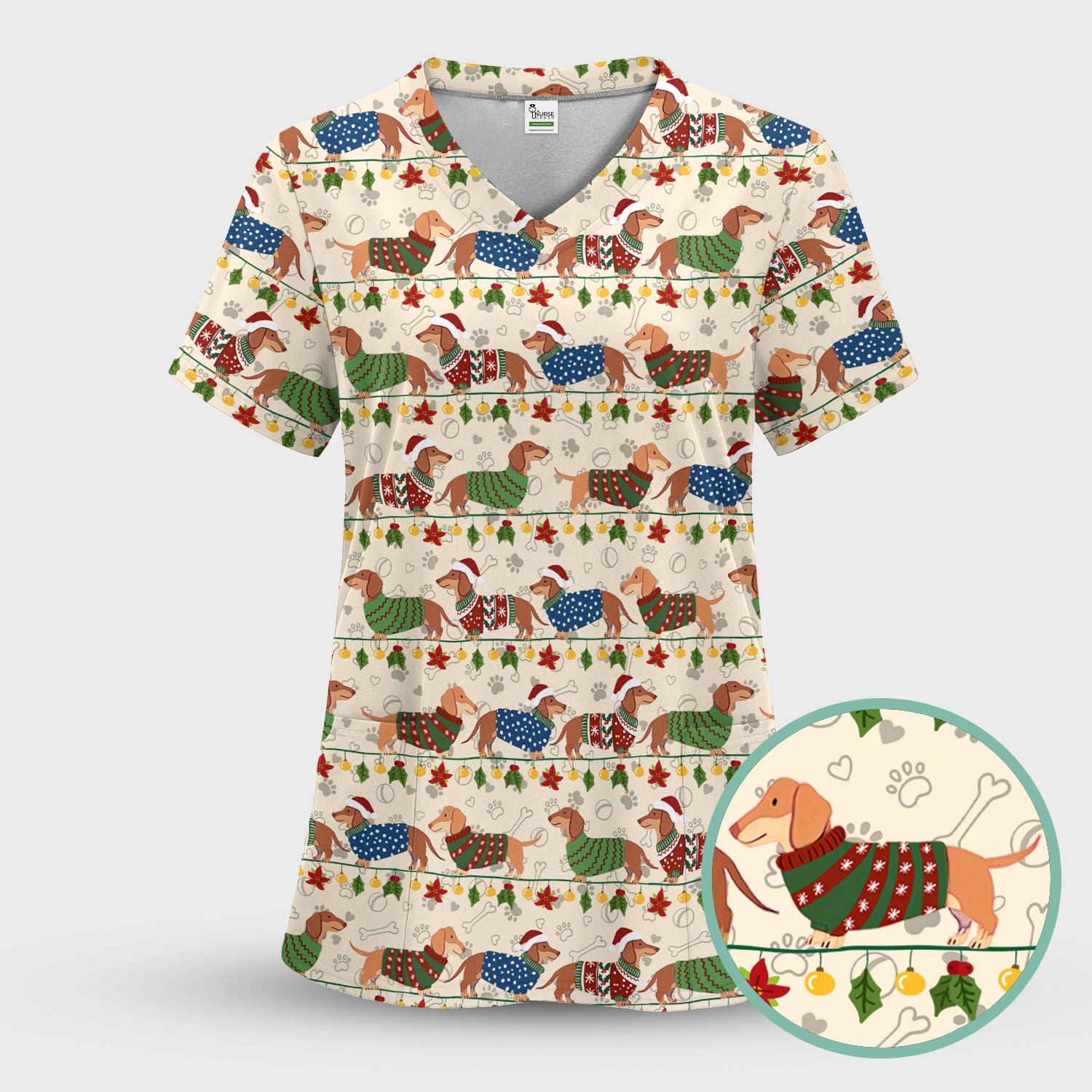 Christmas Dachshund Scrub Top - Cute Dog Print Scrubs for Women, Men Multi Color - Holiday Scrub Shirt Gift for Nurse, CNA, RN, Doctor