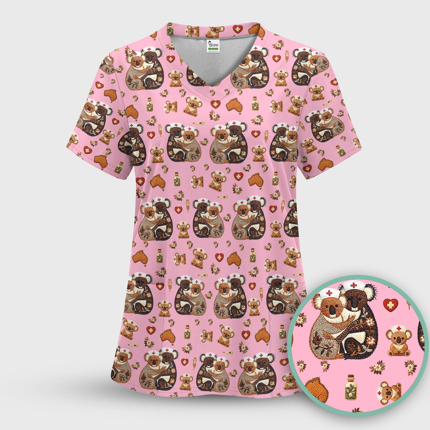 Cute Cartoon Koala Valentine Nurse Design Scrub Top, Breathable Fabrics Nursing Uniform
