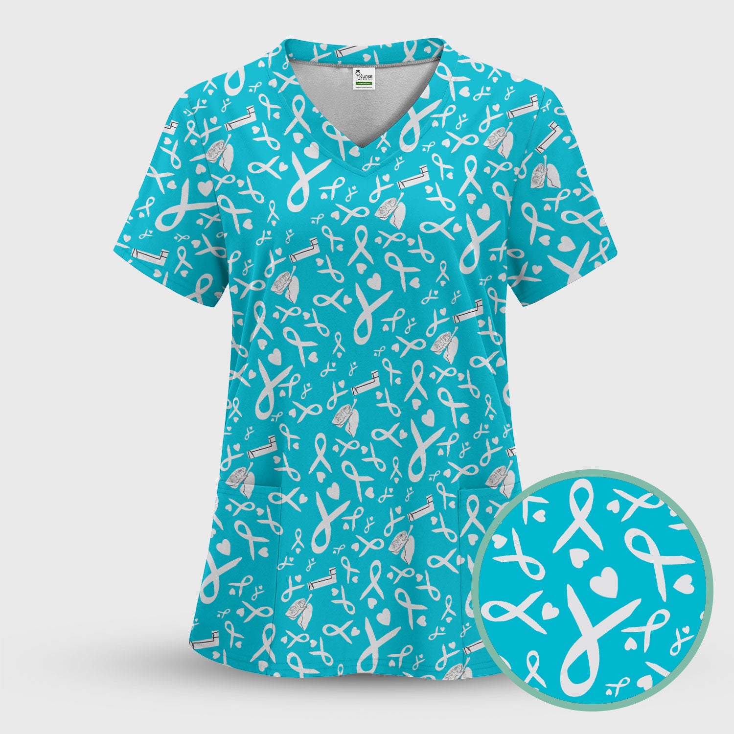 Lung Cancer Awareness Nurse Scrub Top - Gray Ribbon Inhaler & Lungs Pattern - COPD Asthma Medical Uniform Gift for RN LPN CNA