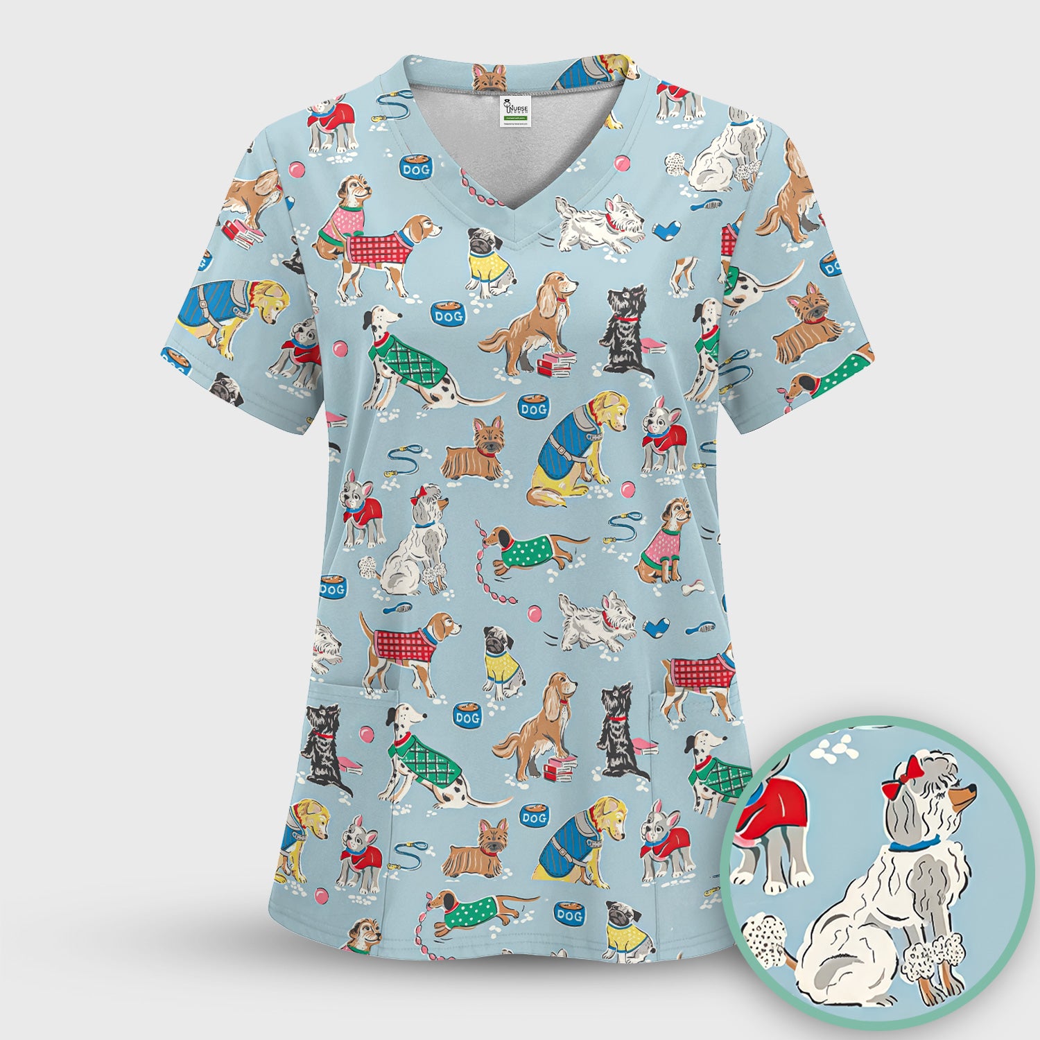 Cute Dog Wearing Sweater Playing Ball Pattern Scrub Set, Scrub Pants and V Neck Top