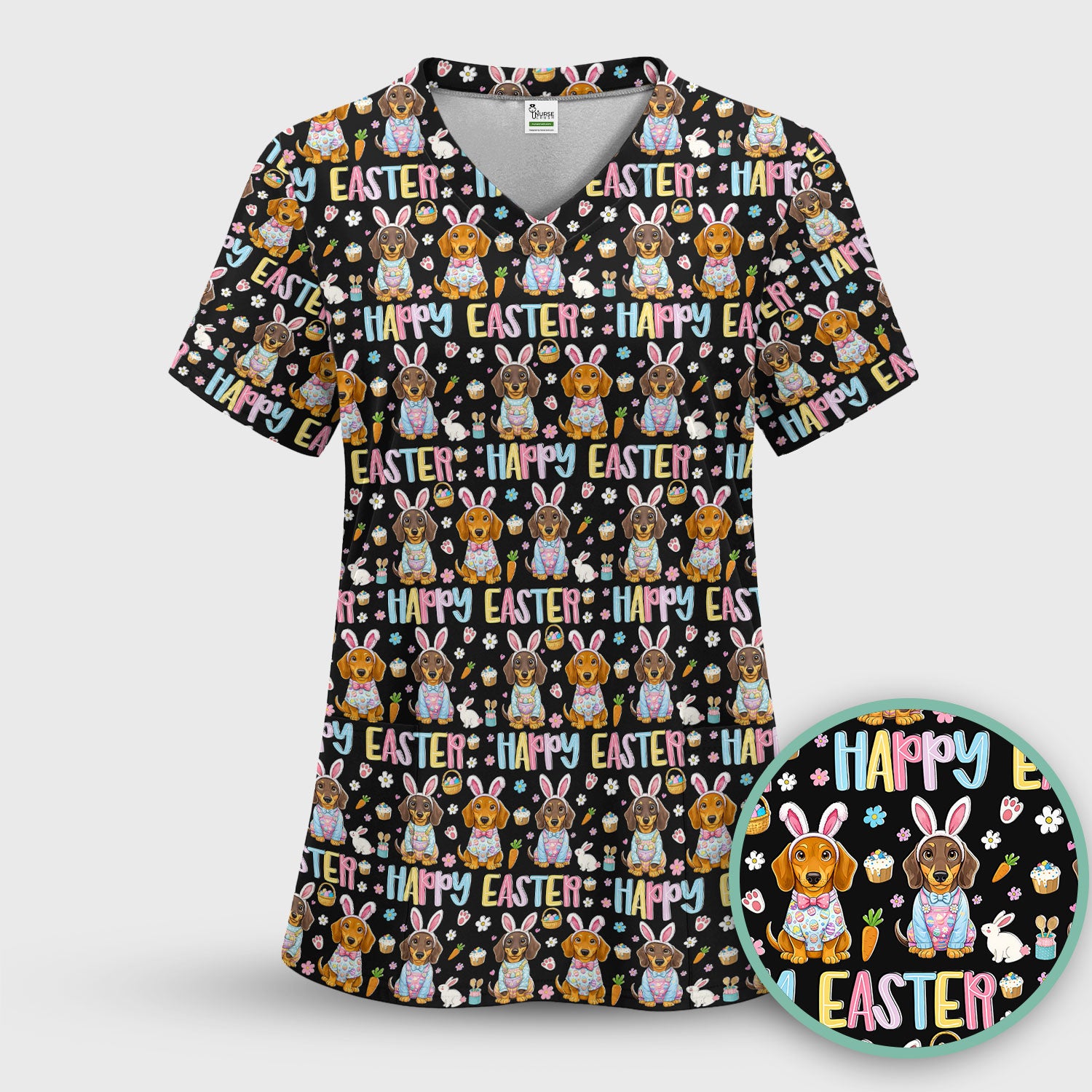 Happy Easter Dachshund Bunny Print Scrub Top, Comfortable Scrubs for Nurses