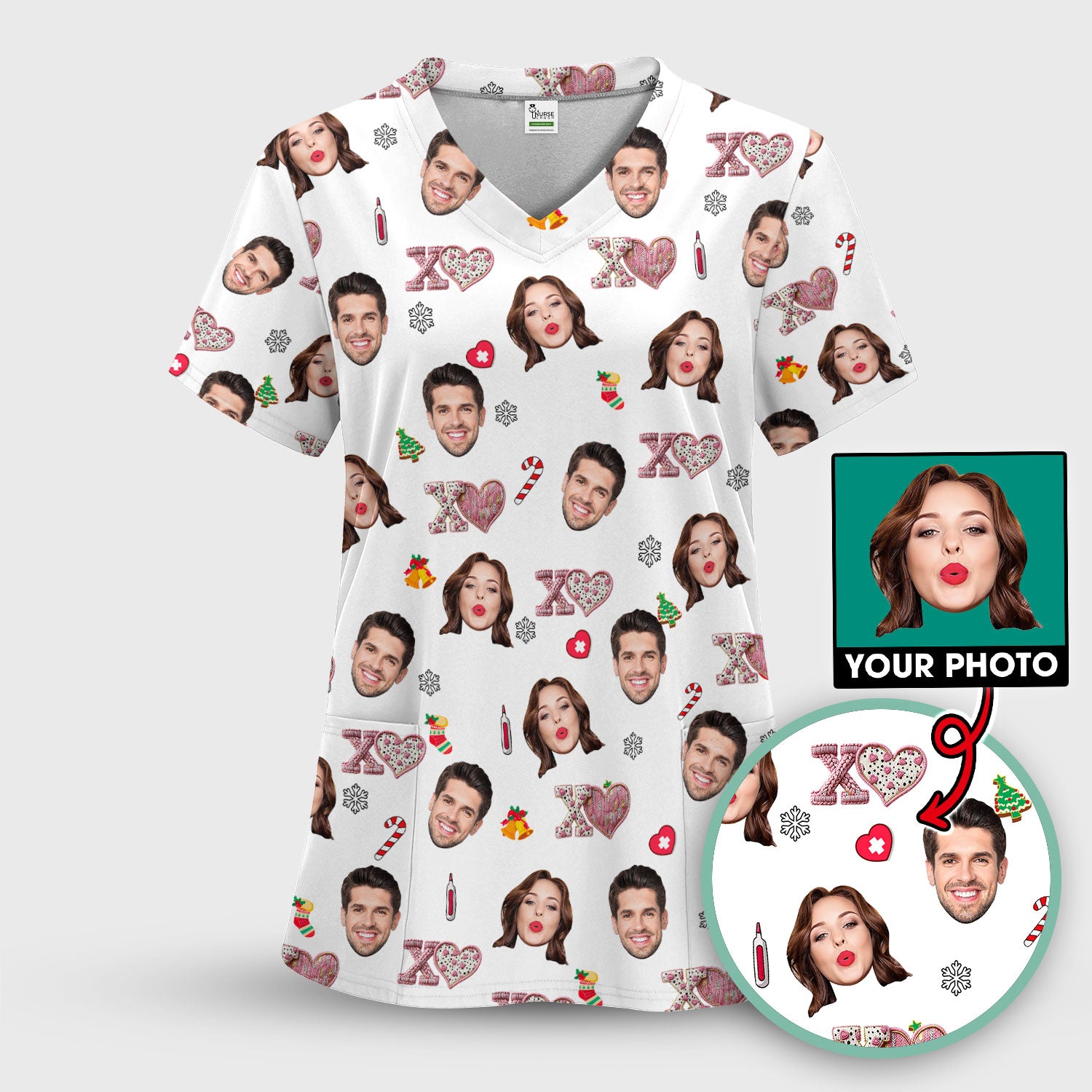 Custom Face Pattern XOXO Scrub Shirt, Personalized Photo Scrub Top, Breathable Fabrics Nursing Uniform