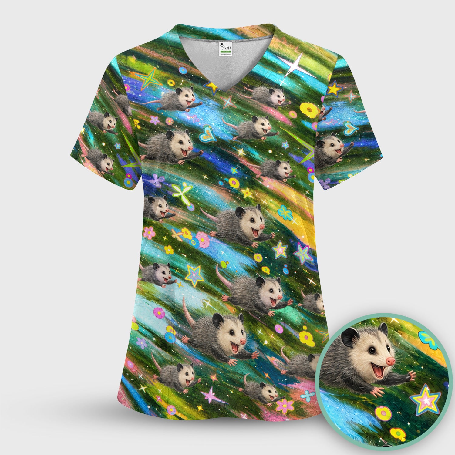 Colorful Opossum Rainbow Stars Print Scrub Top, Comfortable Scrubs for Nurses